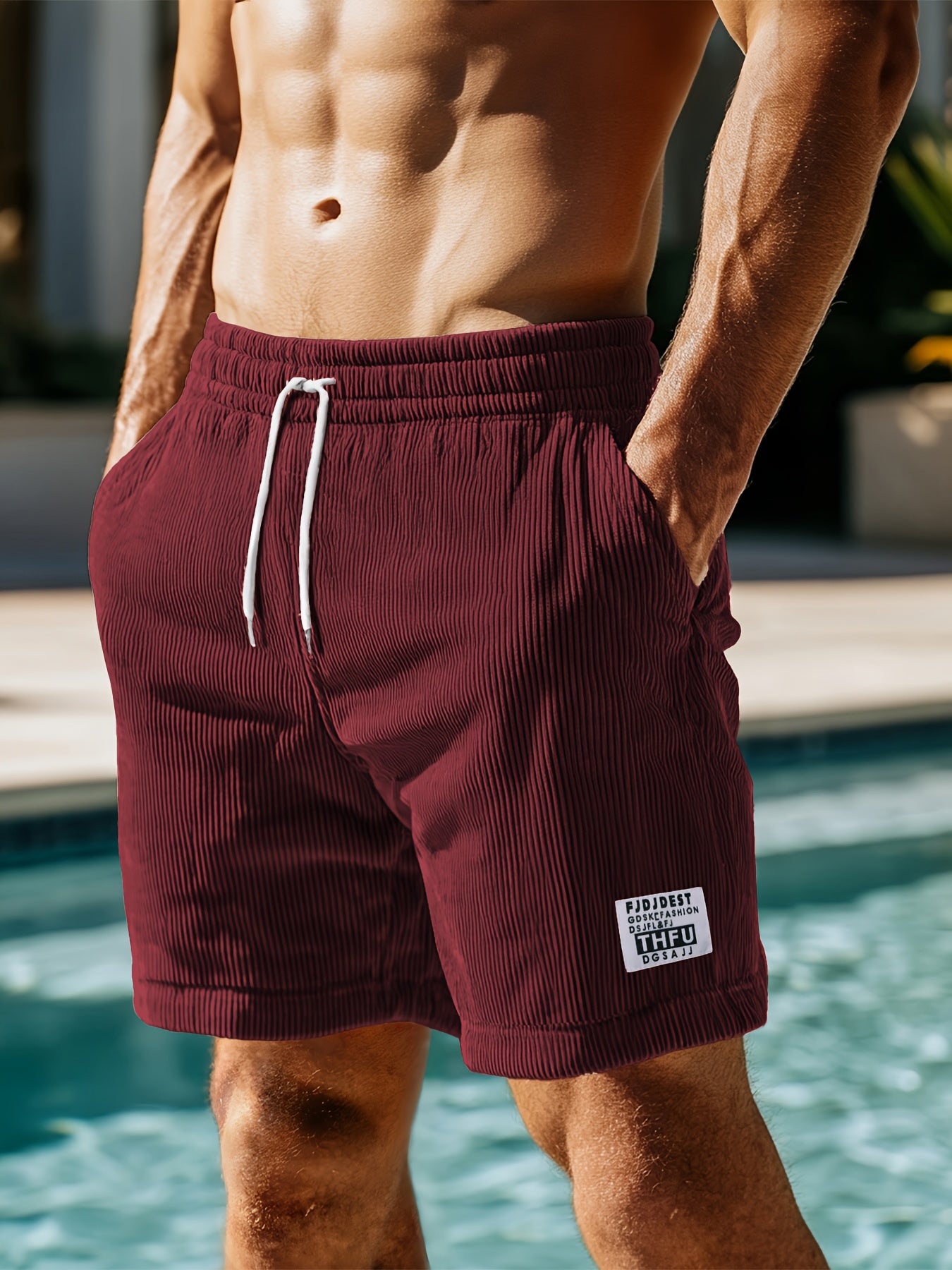 Men's Casual Corduroy Shorts with Drawstring Waist, Side Pockets, and "California" Print - Black, Polyester, All-Season Wear for Outdoor Activities