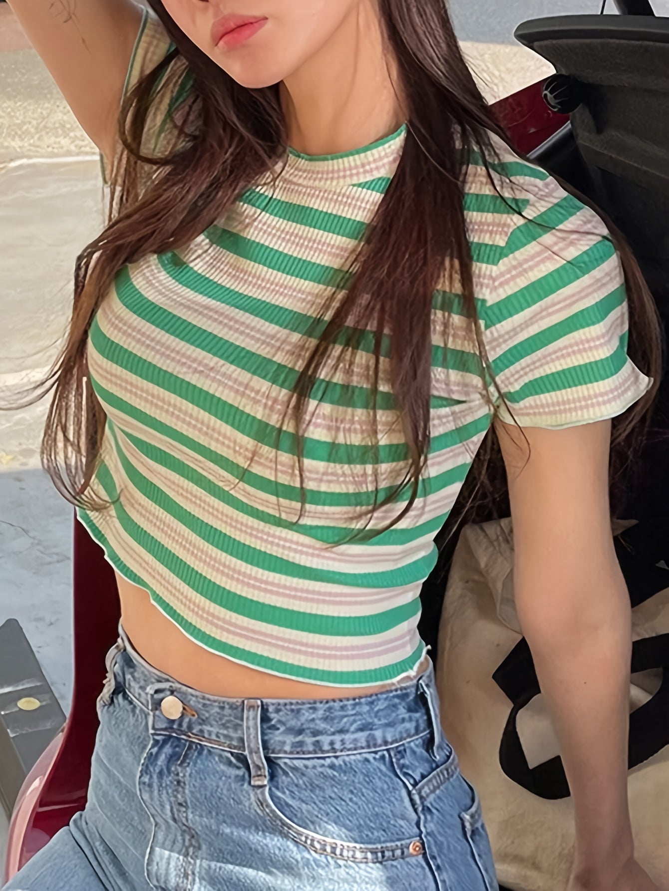 Women's Ribbed Striped Short Sleeve Round Neck Striped T-Shirt