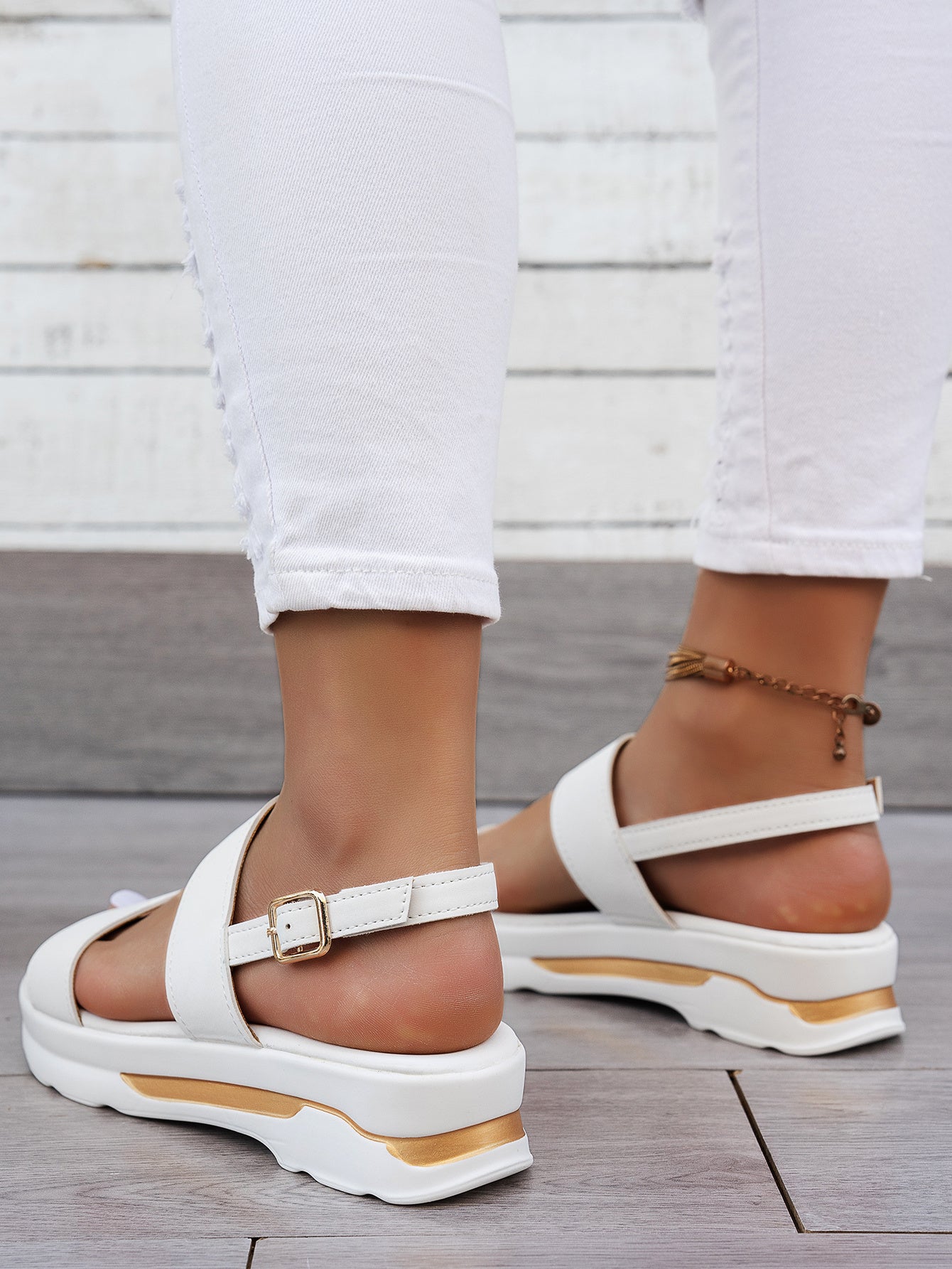 Mhysa Women's Comfortable Open-Toe Platform Sandals with Thick Sole & Golden Buckle Strap - Summer Casual White PU Cover Ankle Strap Sandals for Casual Attire, Ladies Sandals