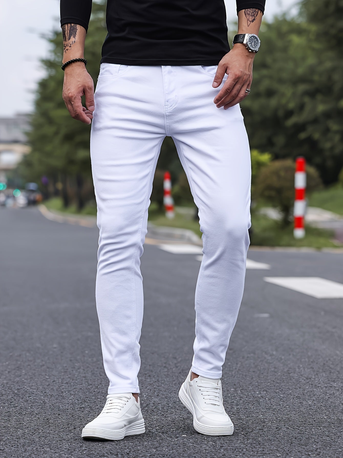 Slim Fit Chic Jeans, Men's Casual Street Style All Match Stretch Denim Pants With Pockets