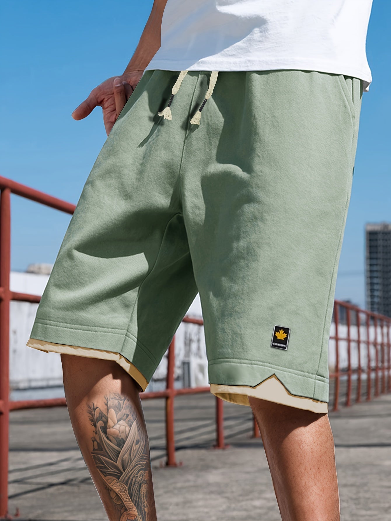 Men's Solid Shorts With Pockets, Casual Elastic Waist Fake Two-piece Drawstring Shorts For Summer