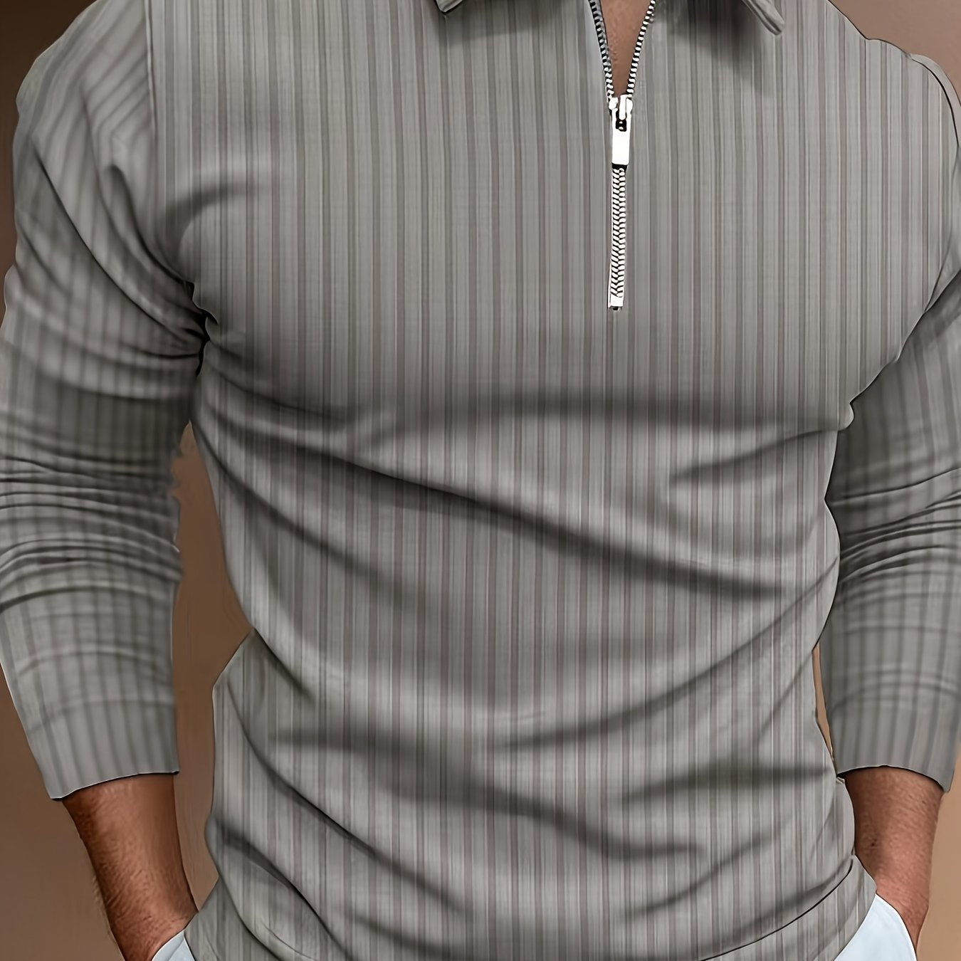 Men's Casual Sports Ribbed Long Sleeve Zipper Lapel Golf Shirt, Spring And Fall