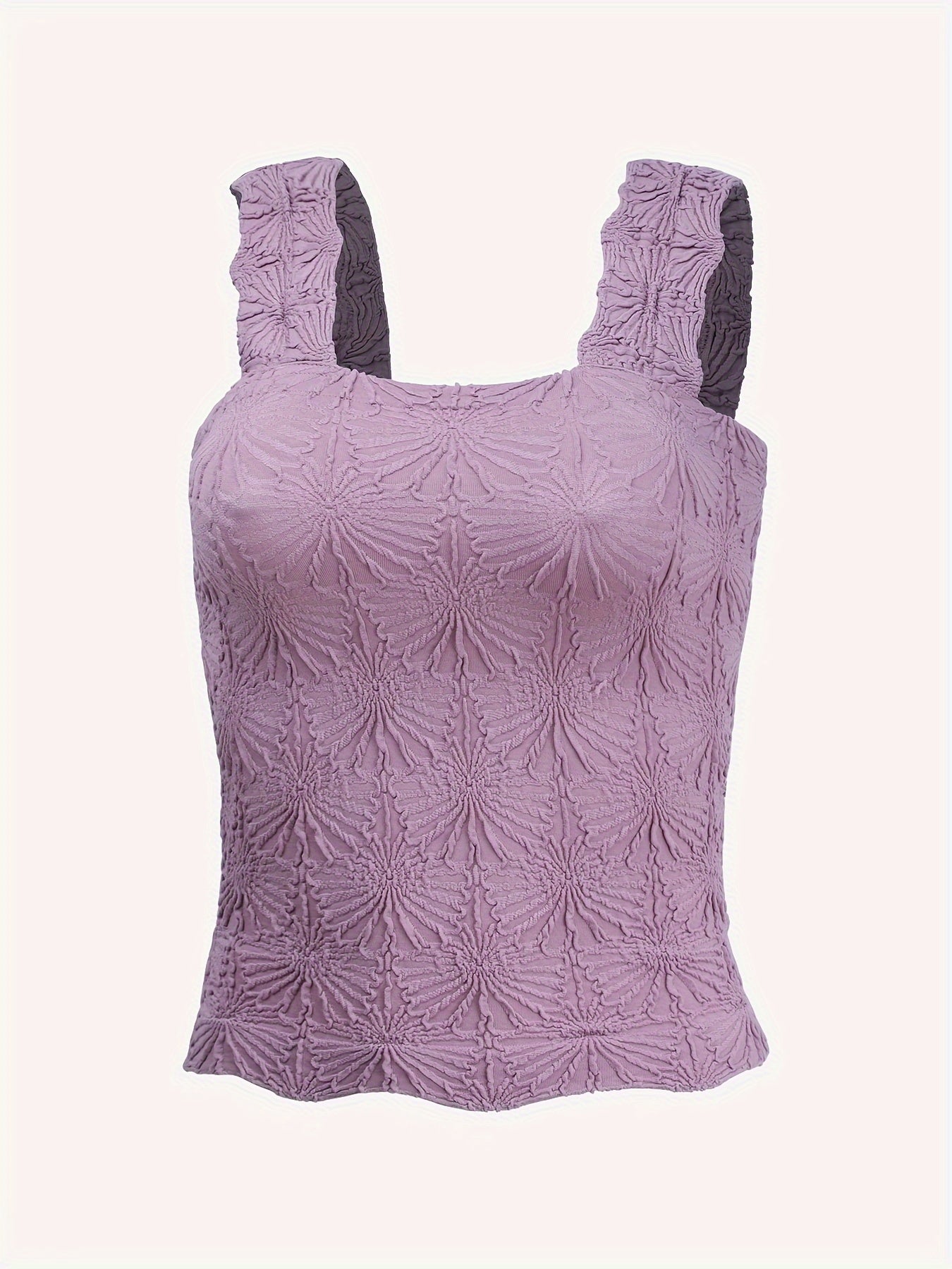 Women's Fashion Cami Tank Top With Jacquard Floral, Wide Shoulder Strap Square Neck Tank Top, Women's Activewear