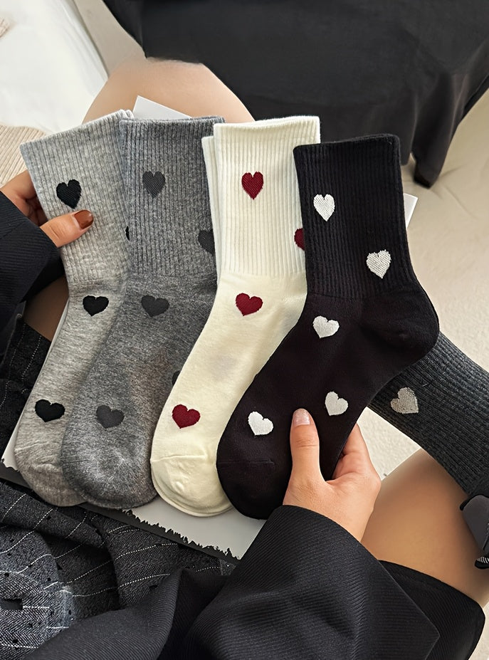 5 Pairs Cozy Women'S Knee-High Socks with Heart Pattern - Polyester and Spandex Blend, Knit Fabric, Machine Washable