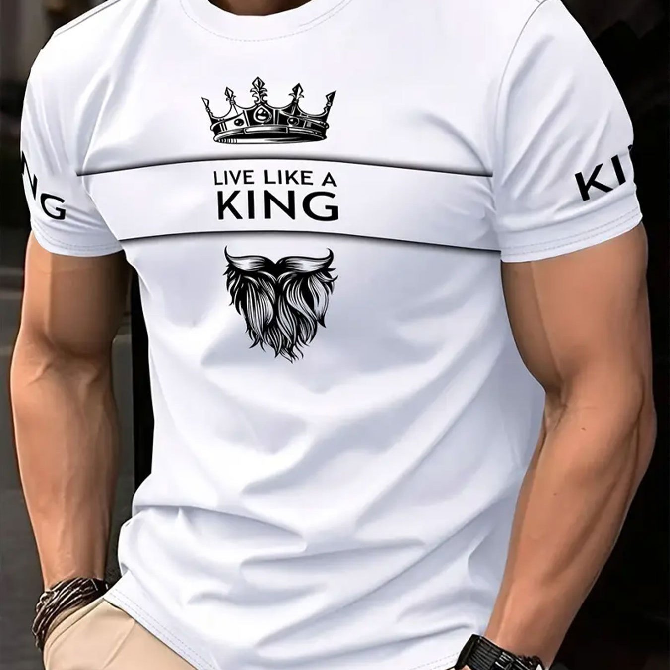 Men's Casual Short Sleeve T-Shirt - Full-Body Print "LIVE LIKE A KING" Crown Wolf Graphic, Breathable Summer Fabric, Round Neck Regular Fit Tee for Casual Attire, Comfortable Fit