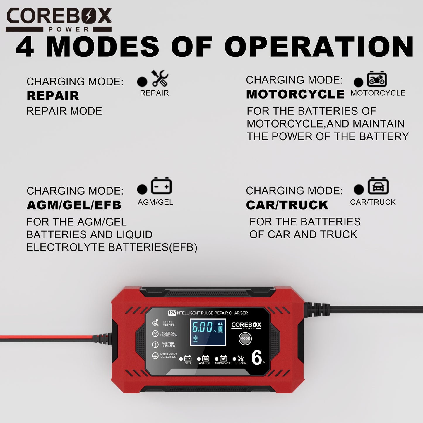 COREBOX EU Plug 12V 6A Smart Battery Trickle Charger 12V Battery Maintainer Battery Charger with LCD Display for Car Truck Motorcycle Lawn Mower Marine Lead Acid Charge, Without Battery