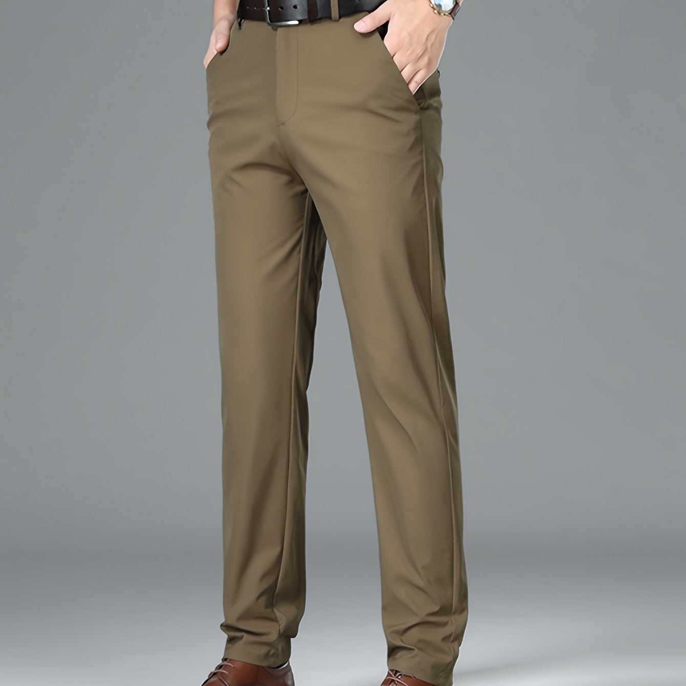 Men's Lightweight Summer Casual Pants, Slim Straight Fit, Polyester, Mid-Rise, Built-in Zipper, Regular Length - Ideal for Casual Attire