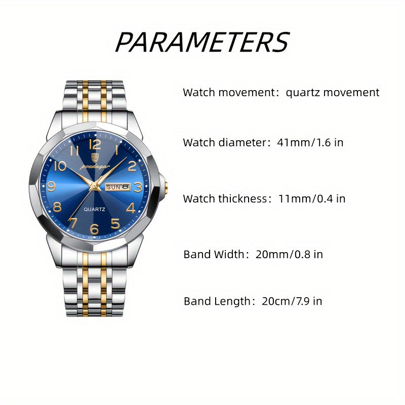 1pc BINBOND Men'S Fashion Watch, Luxury Dual Calendar Quartz Wristwatch, Business Style, Round Alloy Case, Stainless Steel Strap, Water-Resistant, Luminous Pointer Display, Battery Powered, Perfect for Valentine's, Christmas,