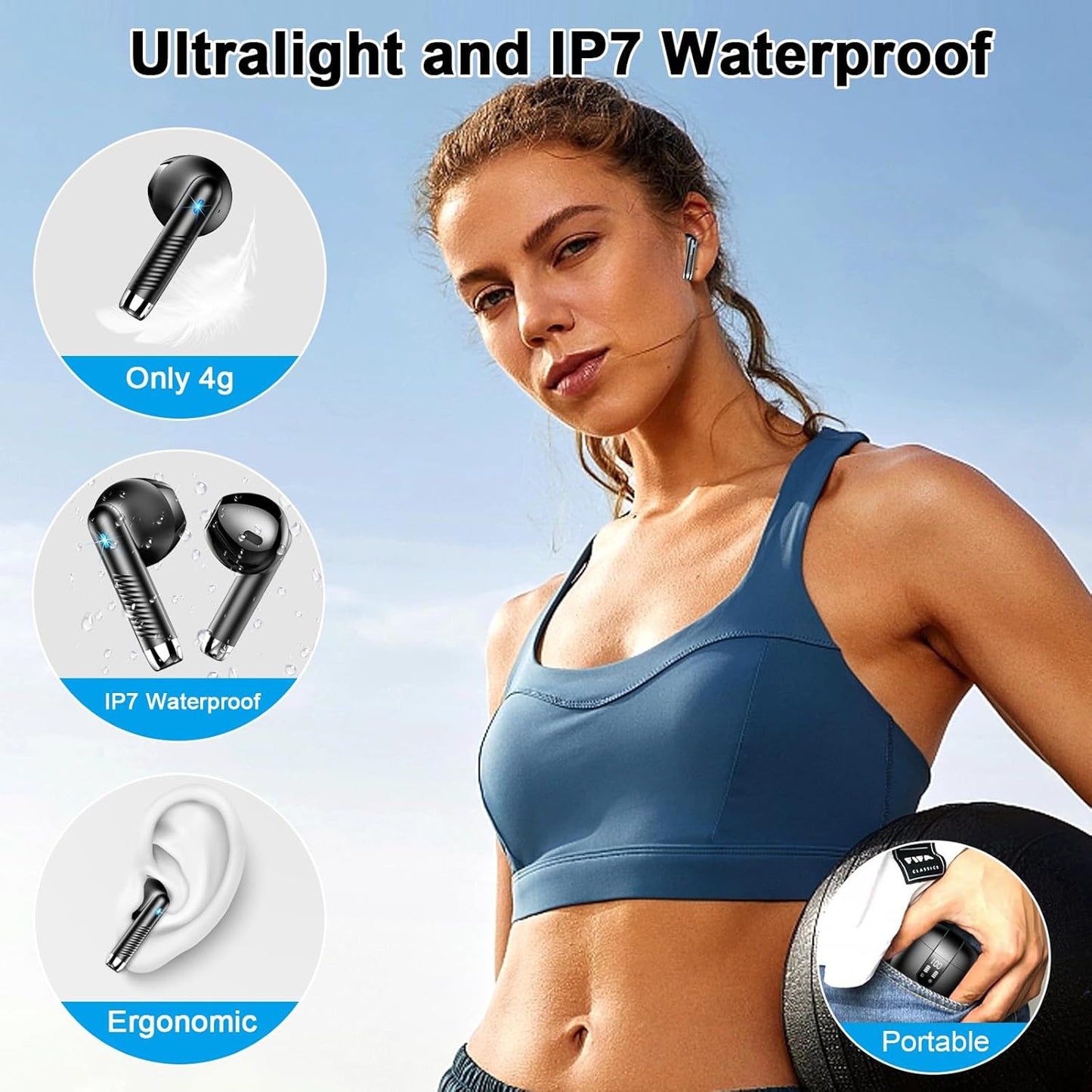 Wireless Earbuds, Bluetooth Headphones V5.4 Stereo Bass Ear Buds with ENC Noise Cancelling Mics, 40H Bluetooth Earbuds with LED Display Charging Case, IP7 Waterproof Earphones for Android Ios, Black