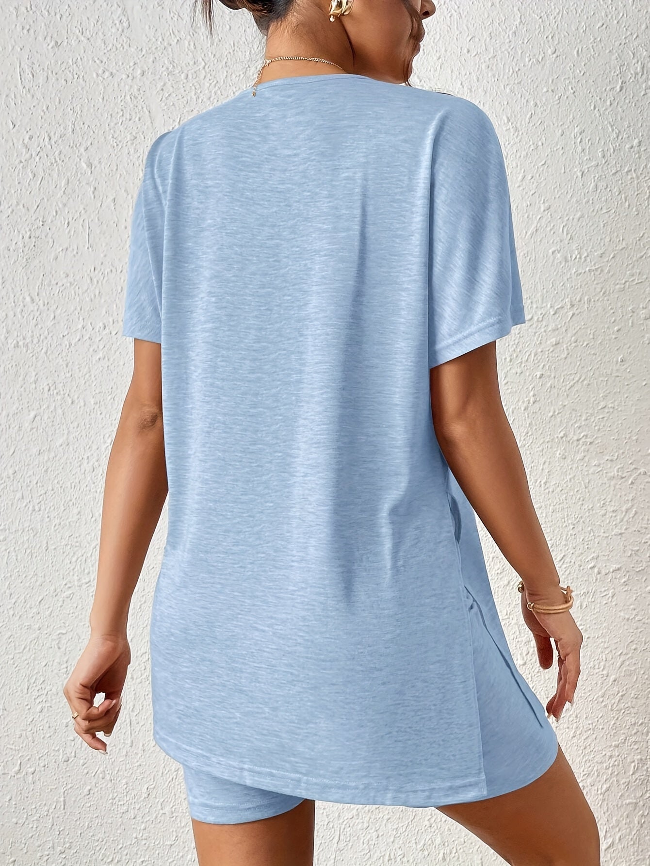 Casual Solid Color Comfortable Two-Piece Set, Bat Sleeve Round Neck Slit T-Shirt and Tight Shorts, Women's Clothing