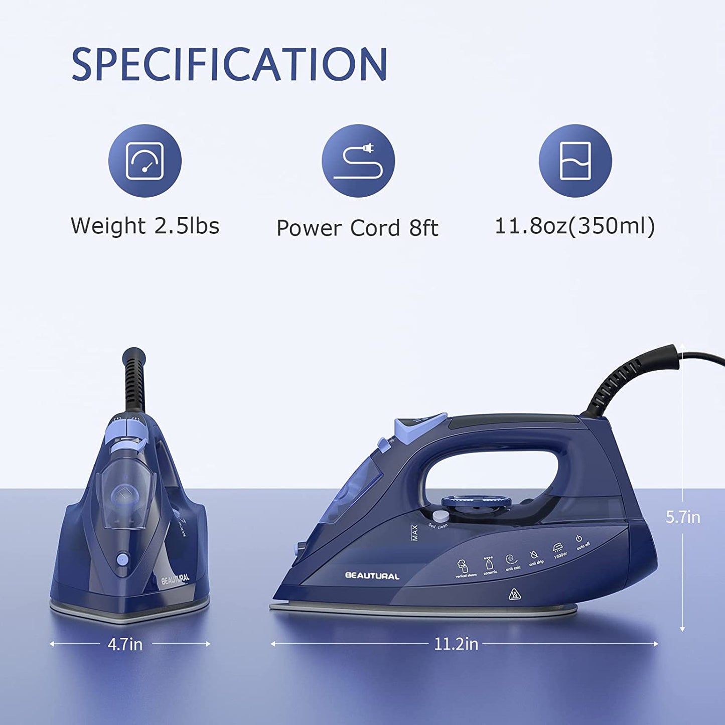 BEAUTURAL Steam Iron for Clothes with Precision Thermostat Dial, Ceramic Coated Soleplate, 3-Way Auto-Off, Self-Cleaning, Anti-Calcium, Anti-Drip Blue