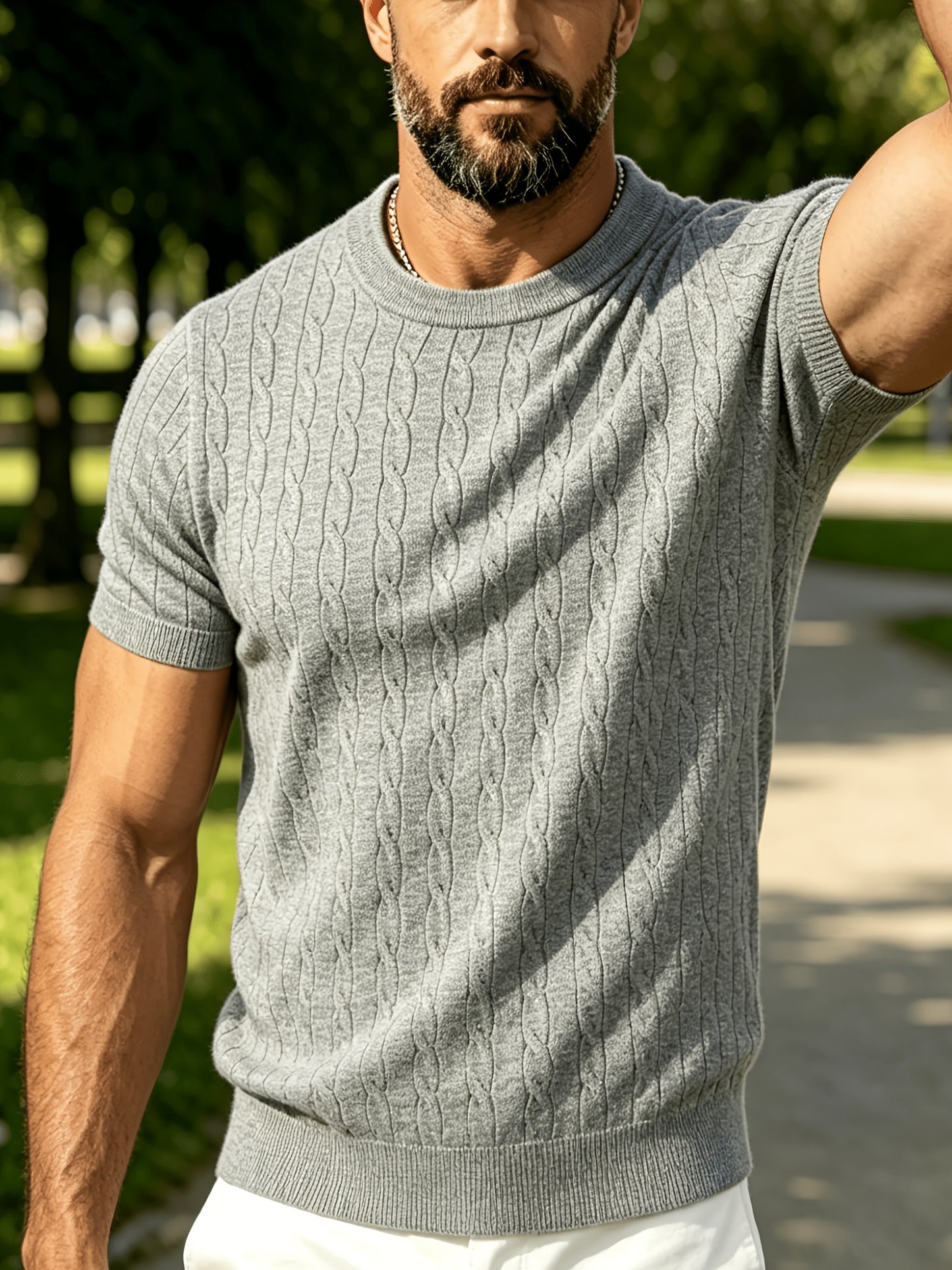 Men's Summer Short Sleeve Knit Sweater Shirt - Vintage Cable Crew Neck