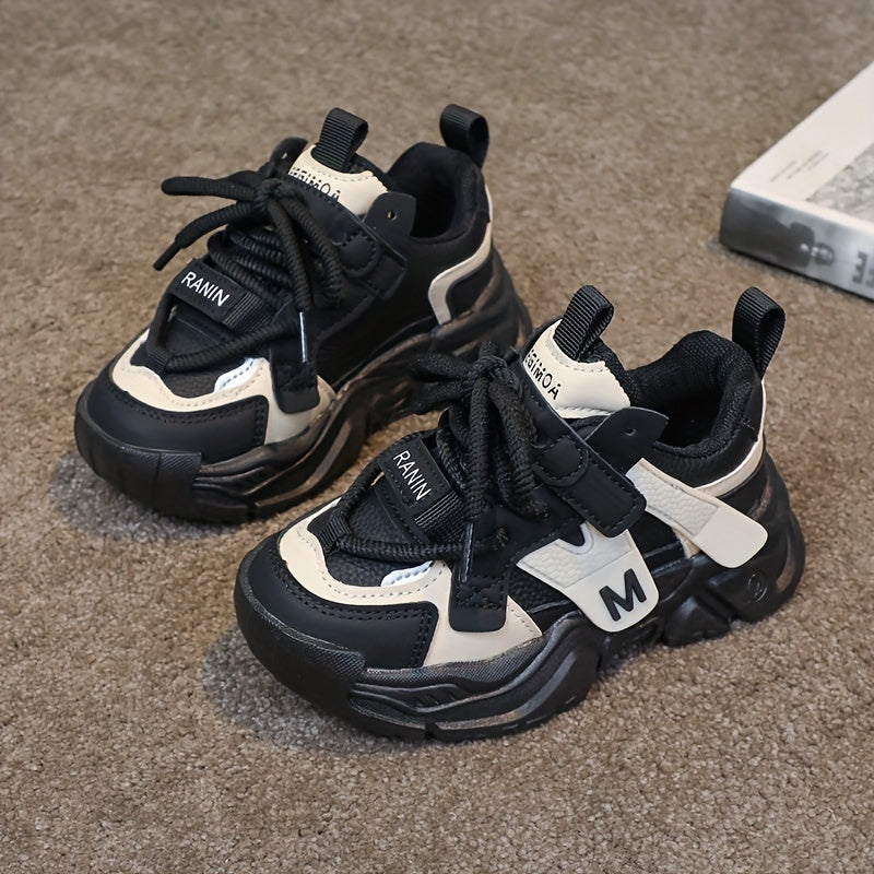 Kids' Chunky Sneakers - Breathable Mesh Running Shoes with Hook-and-loop Fastener Straps, Black & Brown Design for Boys & Girls, Casual & Sporty Style, All-Season Wear, Cute Shoes