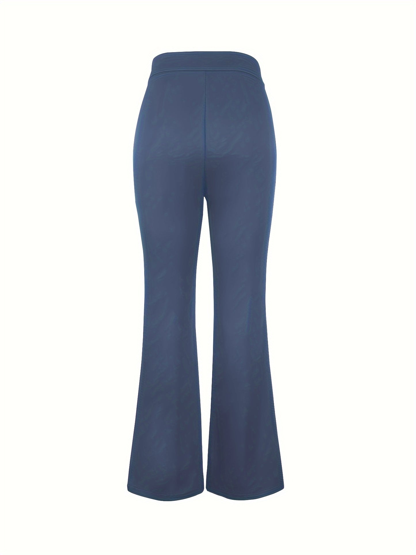 Elegant Navy Blue High-Waist Straight Leg Pants with Golden-Tone Metal Button Detail - Versatile & Chic Women's Workwear, 100% Polyester/Spandex Blend, Machine Washable