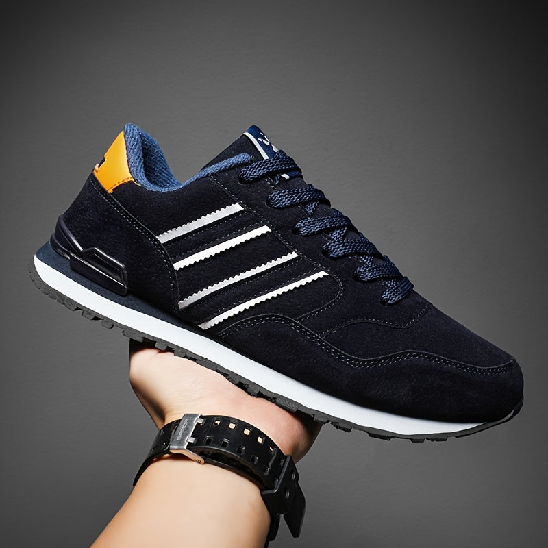 Men's Breathable Mesh Running Shoes - Versatile Korean Style Casual Sneakers with Striped Design, Durable Non-Slip Rubber Sole for Outdoor Activities, Daily Wear & Exercise - Light Gray with Blue Accents, Lace-Up Closure