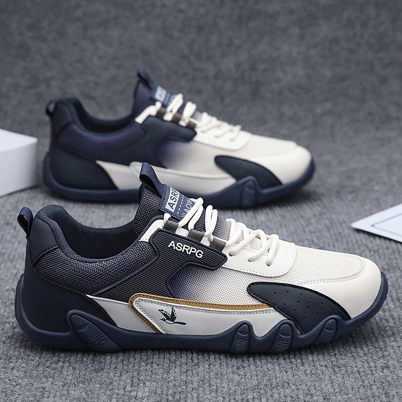 Men's Breathable Low-Top Casual Sneakers - Sporty Lace-Up Walking Shoes with Navy/White/Golden Accents, All-Season Outdoor Everyday Comfort, Durable Fabric Upper PVC Sole, Comfortable Footwear, Sleek Shoe Design, Lightwei