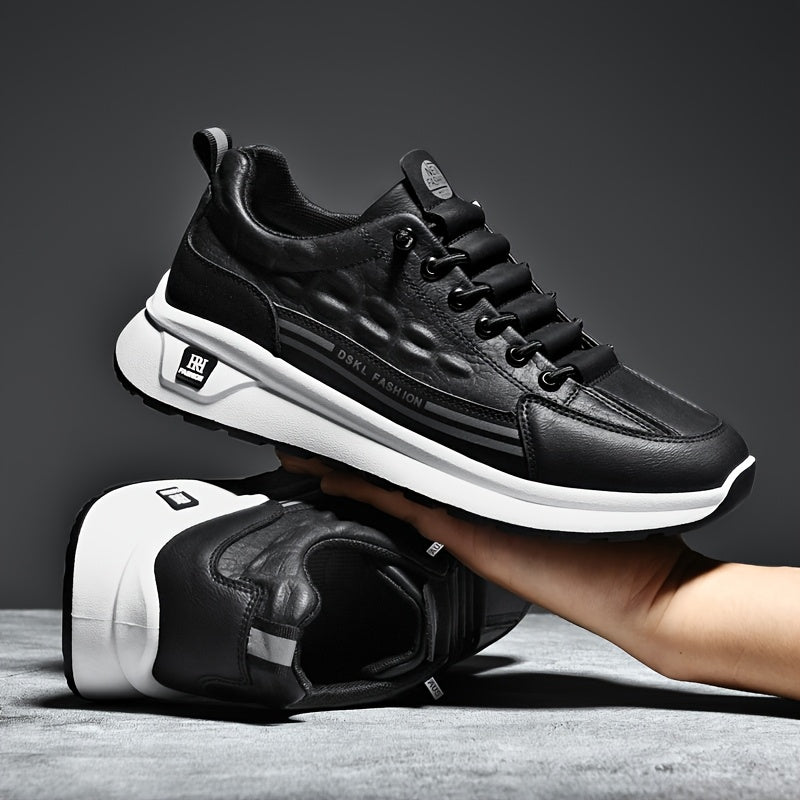 Men's Breathable Casual Sneakers - Comfortable, Versatile Stylish Shoes for Running, Sports Casual Attire, Black with White Accents, PU Upper PVC Sole, Round Toe, Lace-Up Design, All-Season Use