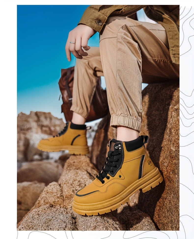 Large Size High Top Casual Shoes Short Boots Men's Big Yellow Boots High Top Trendy Versatile British Style Short Boots Mid Top Work Boots Men's Hiking Boots