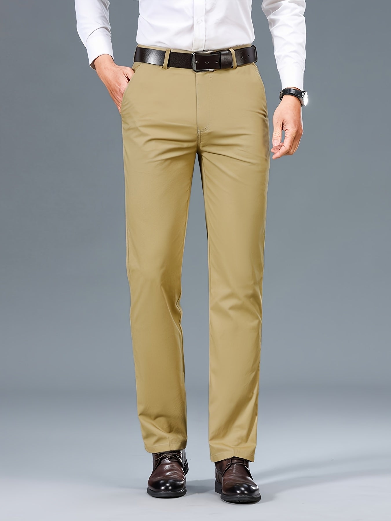 Men's Light Business Cotton Dress Pants - Straight Leg, Olive Green, 100% Cotton, Perfect for Office or Casual Outings