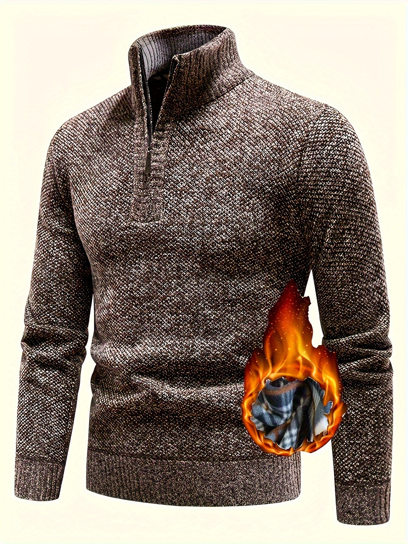 Men's Fleece-Lined Warm Knit Sweater - Autumn/Winter, Solid Color with Stand Collar & Short Zipper Placket, Long Sleeve, Polyester - Ideal for Hiking, Cycling & Casual Attire, Winter Sweater