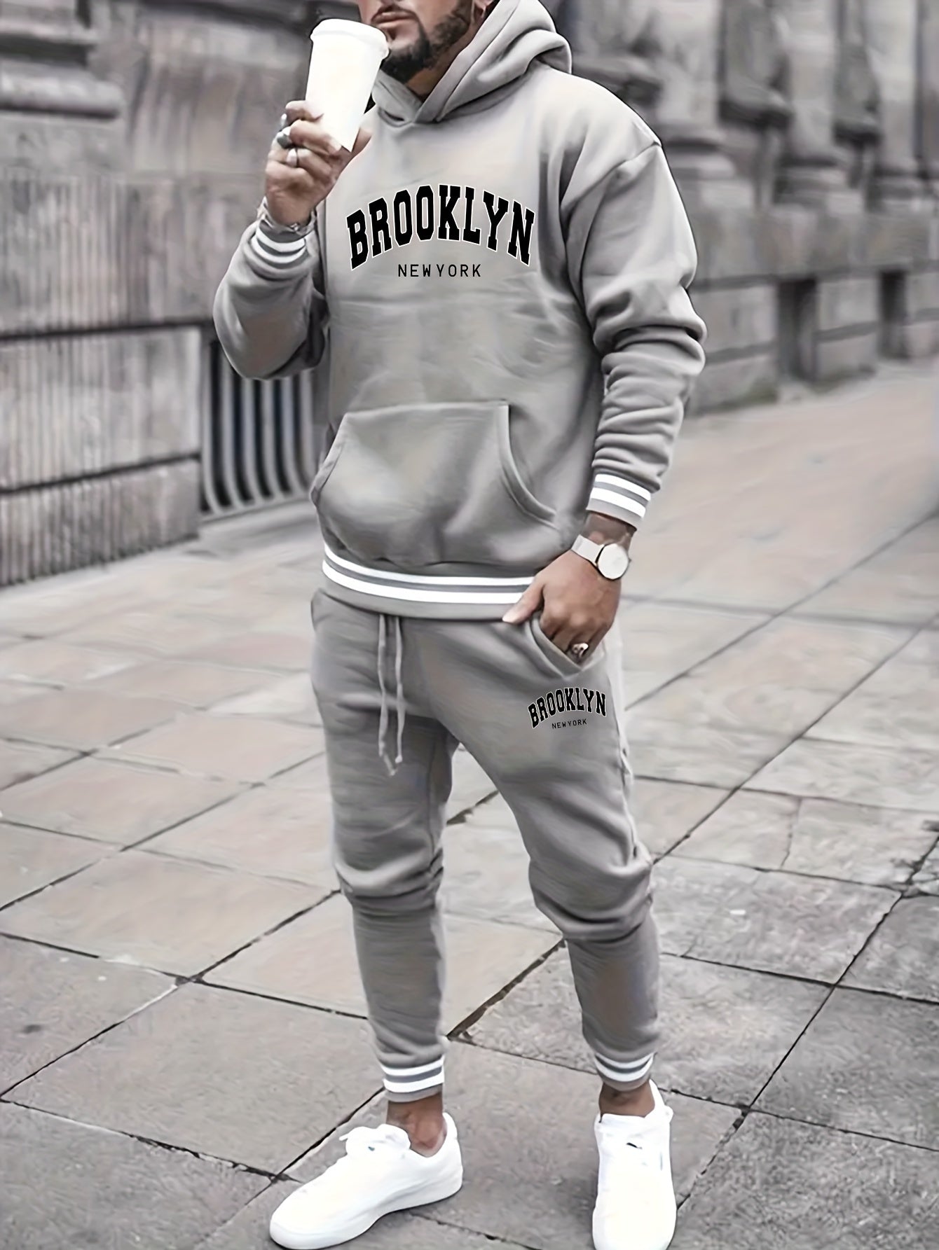 2pcs Men's Trendy BROOKLYN Letter Print Hooded Outfit, Hoodie & Pants Set, Men's Clothes For Spring Fall Winter, As Gift