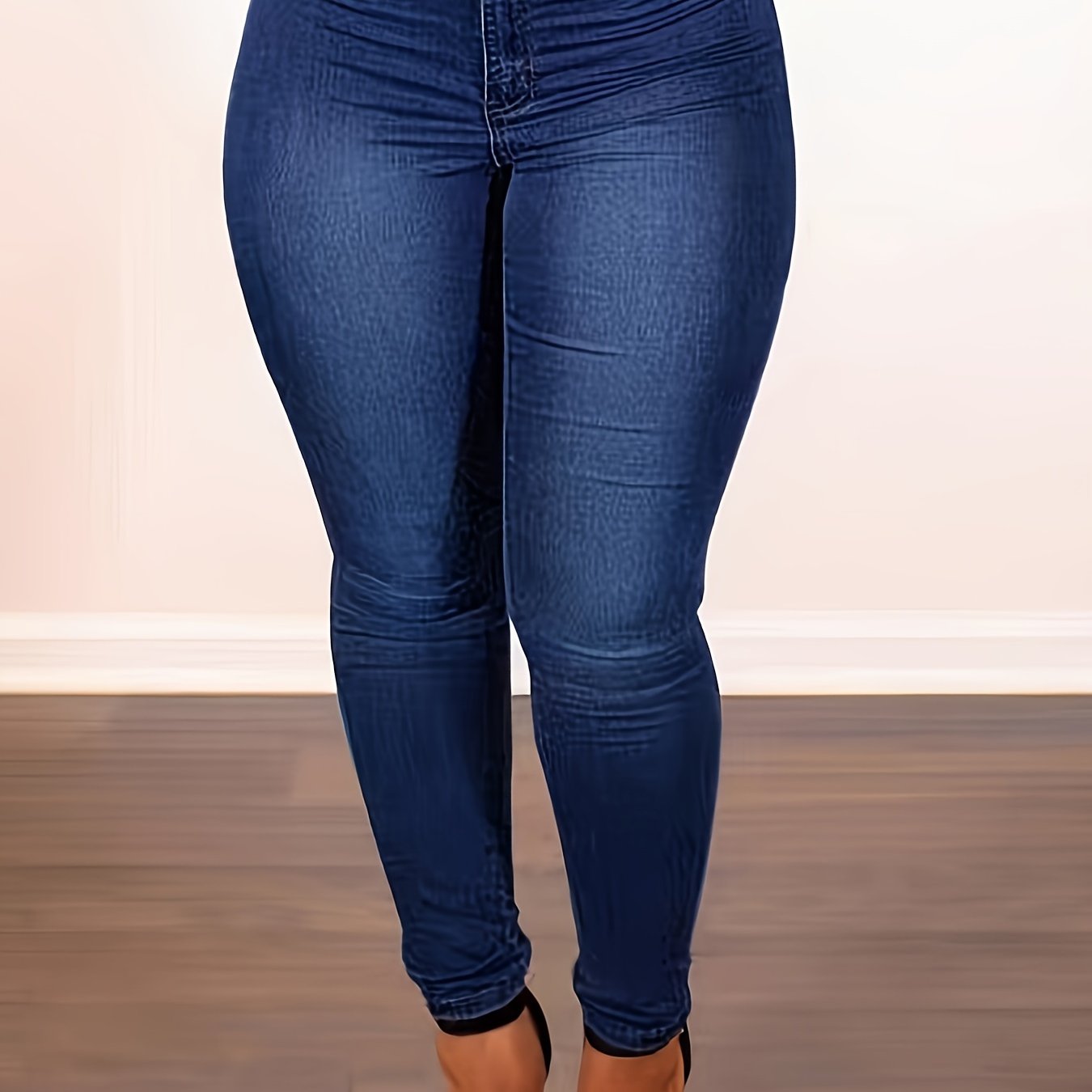 1pc Women'S Plus Size Stretch Denim Jeans, Solid Color Button-Up Washed Casual Style, (75%, 22% Polyester, 3% Spandex), Medium Stretch Fabric, All-Season Woven Pants