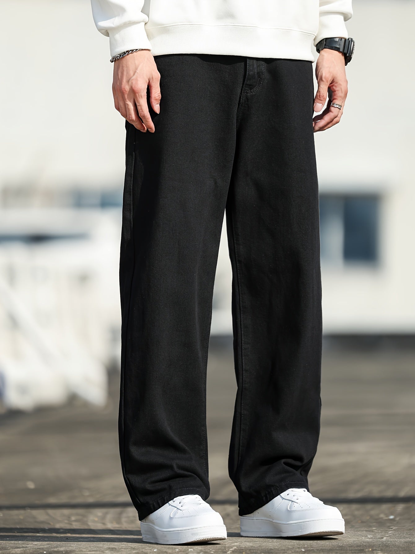 Vintage-Inspired Loose Straight-Leg Jeans for Men, Washed Denim, Non-Stretch Fabric, Casual Style - Machine Washable