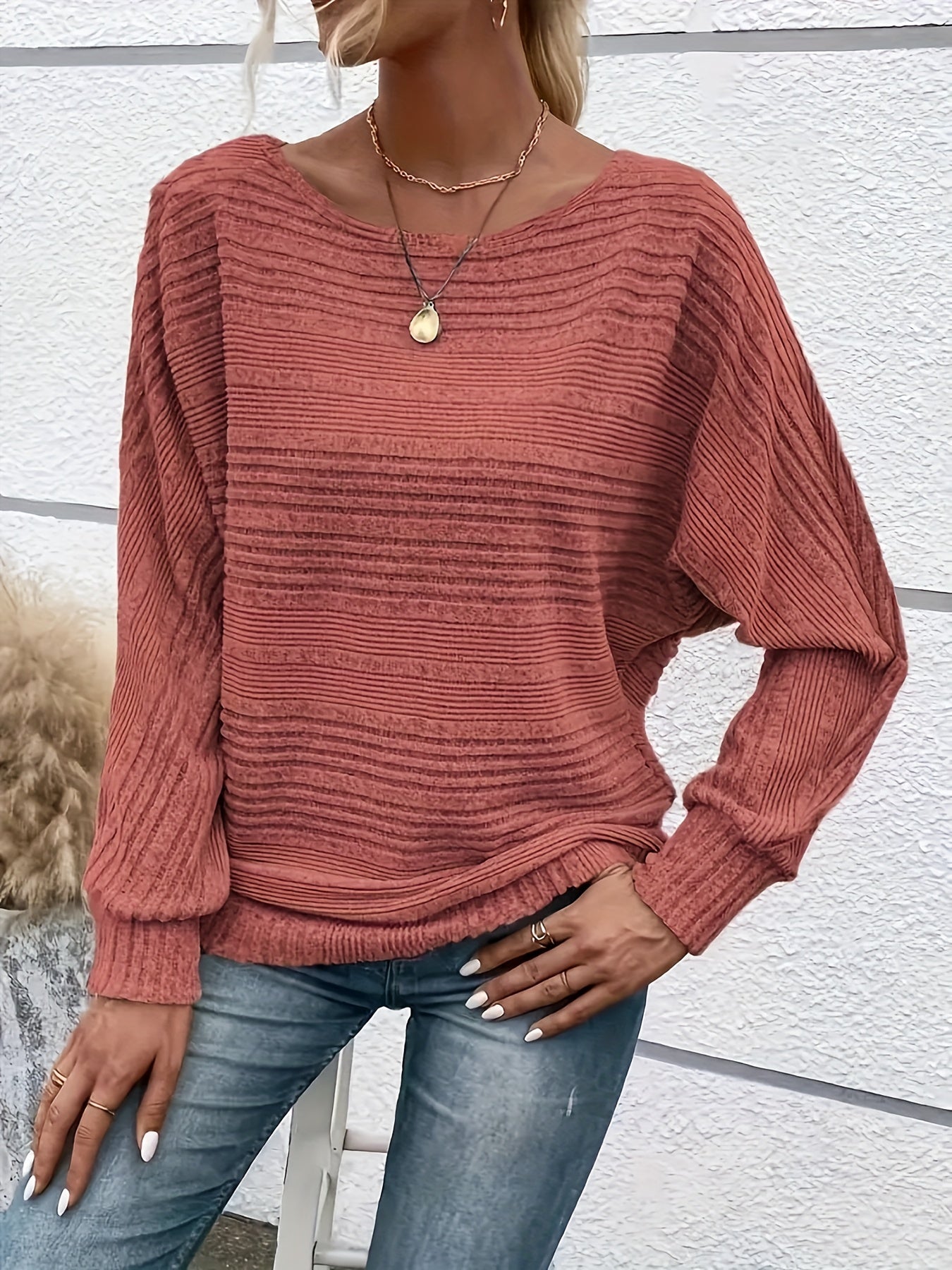 1 հատ Women'S Casual Crew Neck Knit T-shirt - պոլիեսթեր պինդ գույնի երկարաթև վերնաշապիկ գարնան/աշունի համար