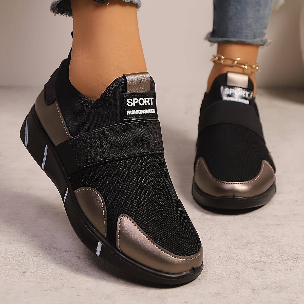 Women's Slip-On Sneakers - Lightweight Knit Upper, Breathable Design, Comfortable Casual Shoes with Strap, Black Golden Accents, Round Toe for All-Day Wear, Sporty Sneakers Round Toe Shoes Flexible Sole, Ladies Sneakers