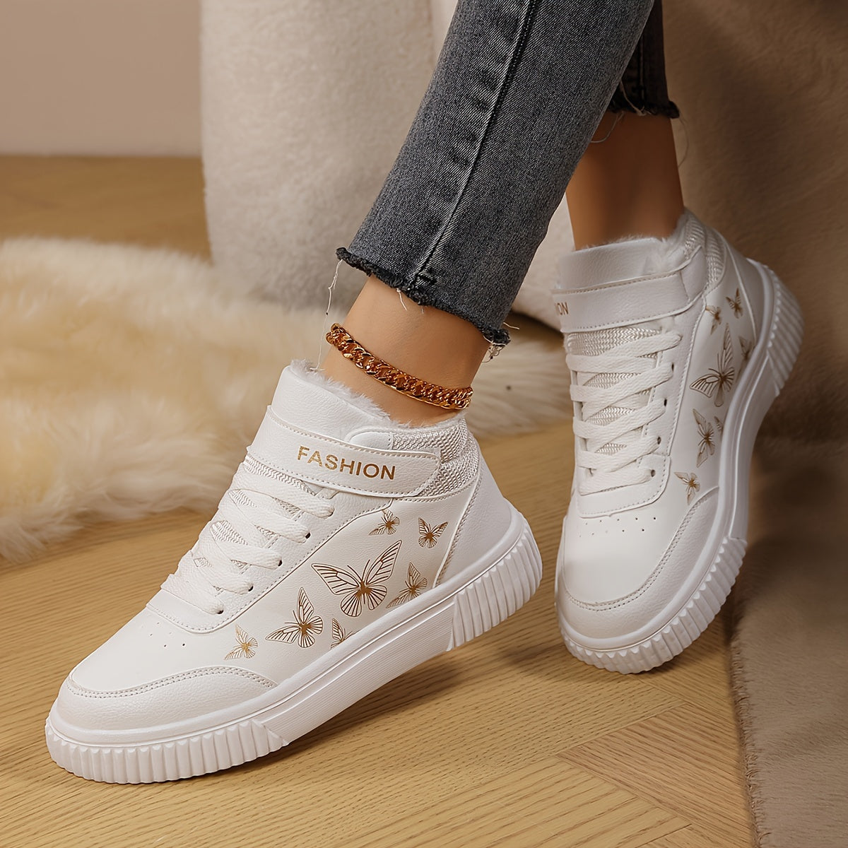 Women'S Butterfly Print Warm Sneakers - Lightweight, Comfortable, Thick-Soled Lace-Up Running Shoes for Work, School, and Stylish Outfits, Perfect for Students, Winter Footwear | Stylish Sneakers | EVA Sole Sneakers