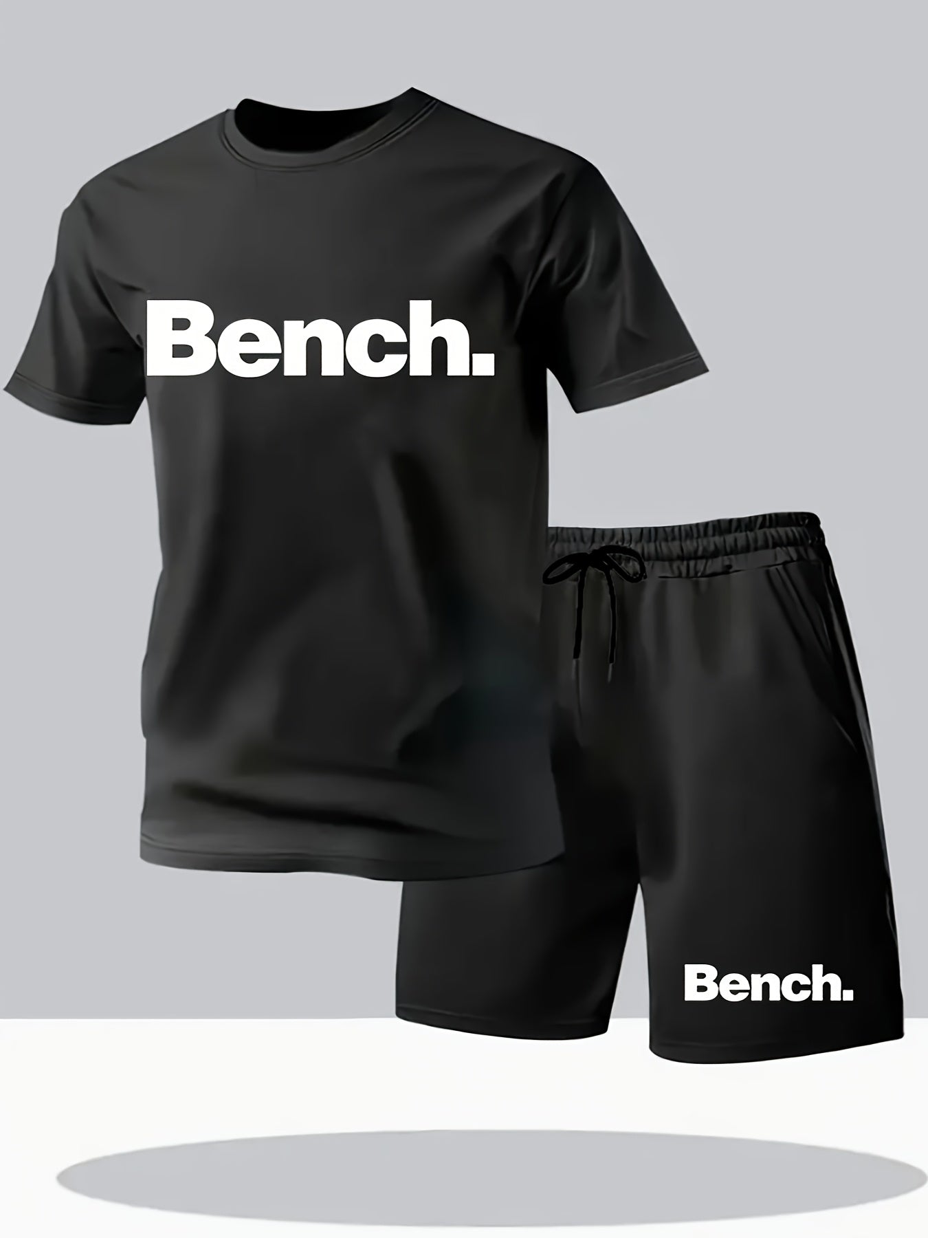 Summer Men'S Casual Sports Short Sleeve T-Shirt and Shorts Set, Knitted Polyester Fabric, Comfortable Breathable, Bench. Letter Print Design - 2pcs