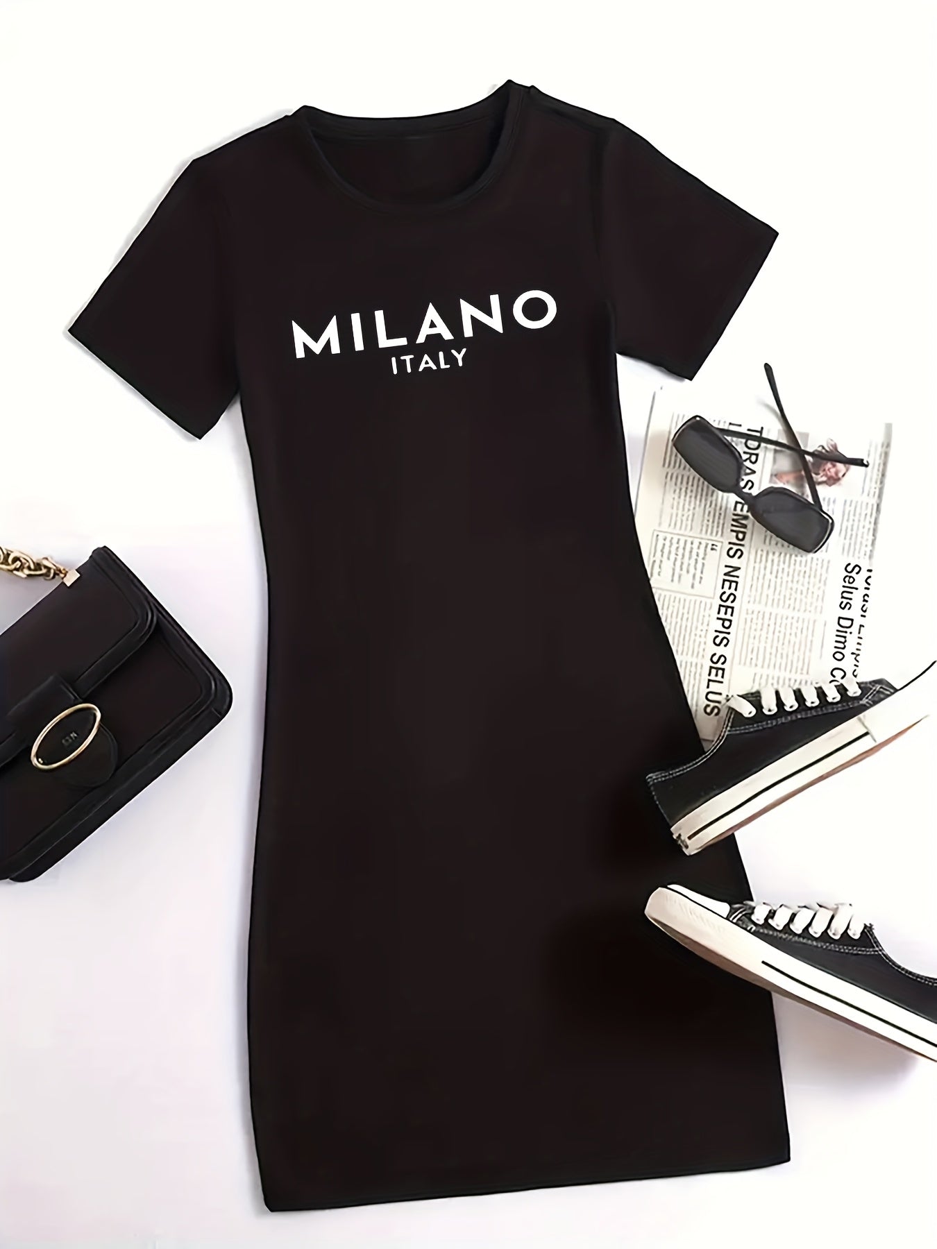 Women'S Milano Italy Print Bodycon Dress, Polyester 92% Elastane 8% Knit Fabric, High Stretch Geometric-Pattern, Short Sleeve Round Neck, Plus Size, Sports Style for Spring/Summer/Fall - 180g/m²