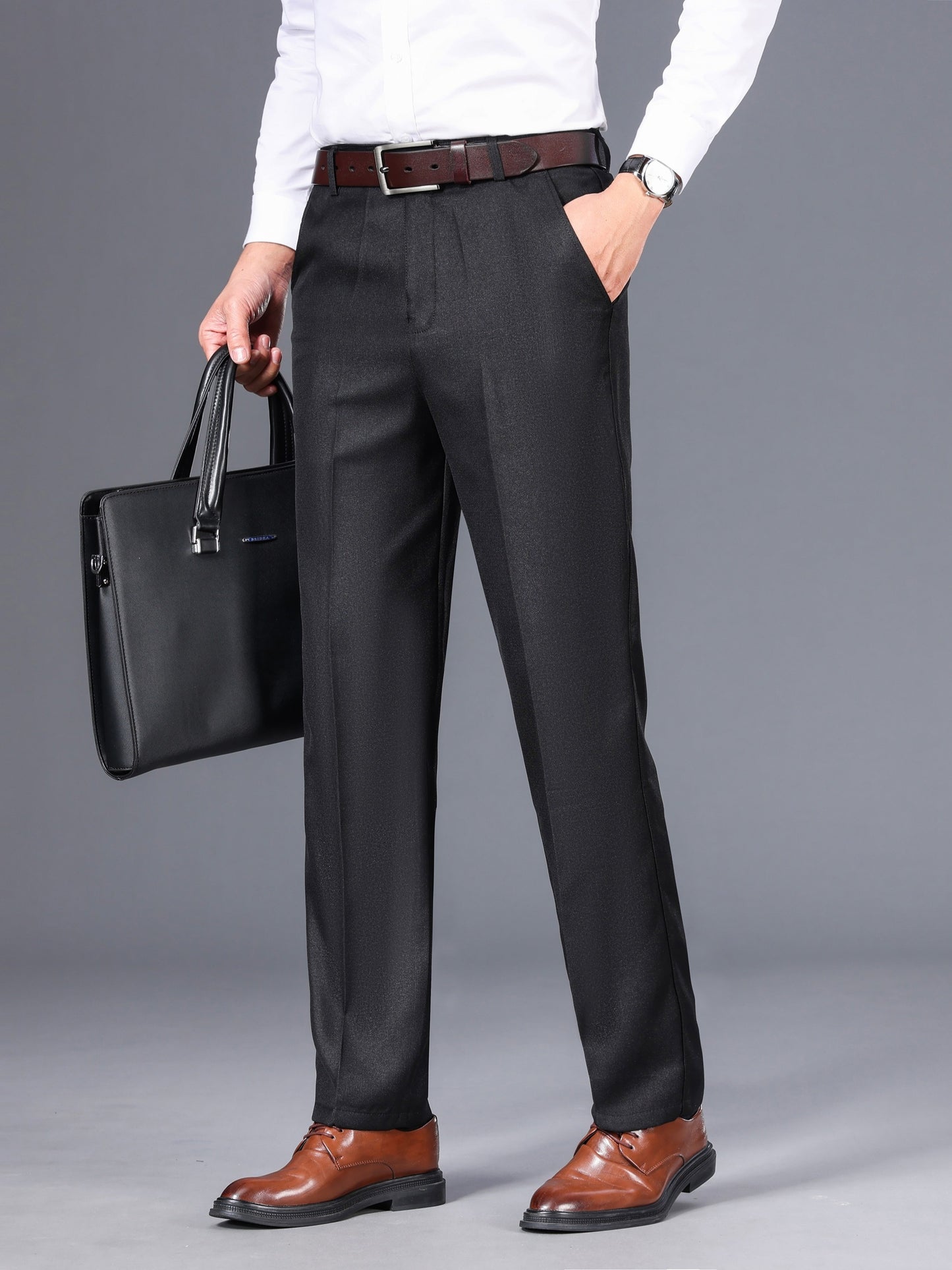 Men's Classic Gray Dress Pants - Medium Thick, Straight Fit with Slant Pockets & Zipper Closure, Polyester, Non-Stretch Fabric for Business Casual & Formal Wear, Ideal for Spring/Autumn