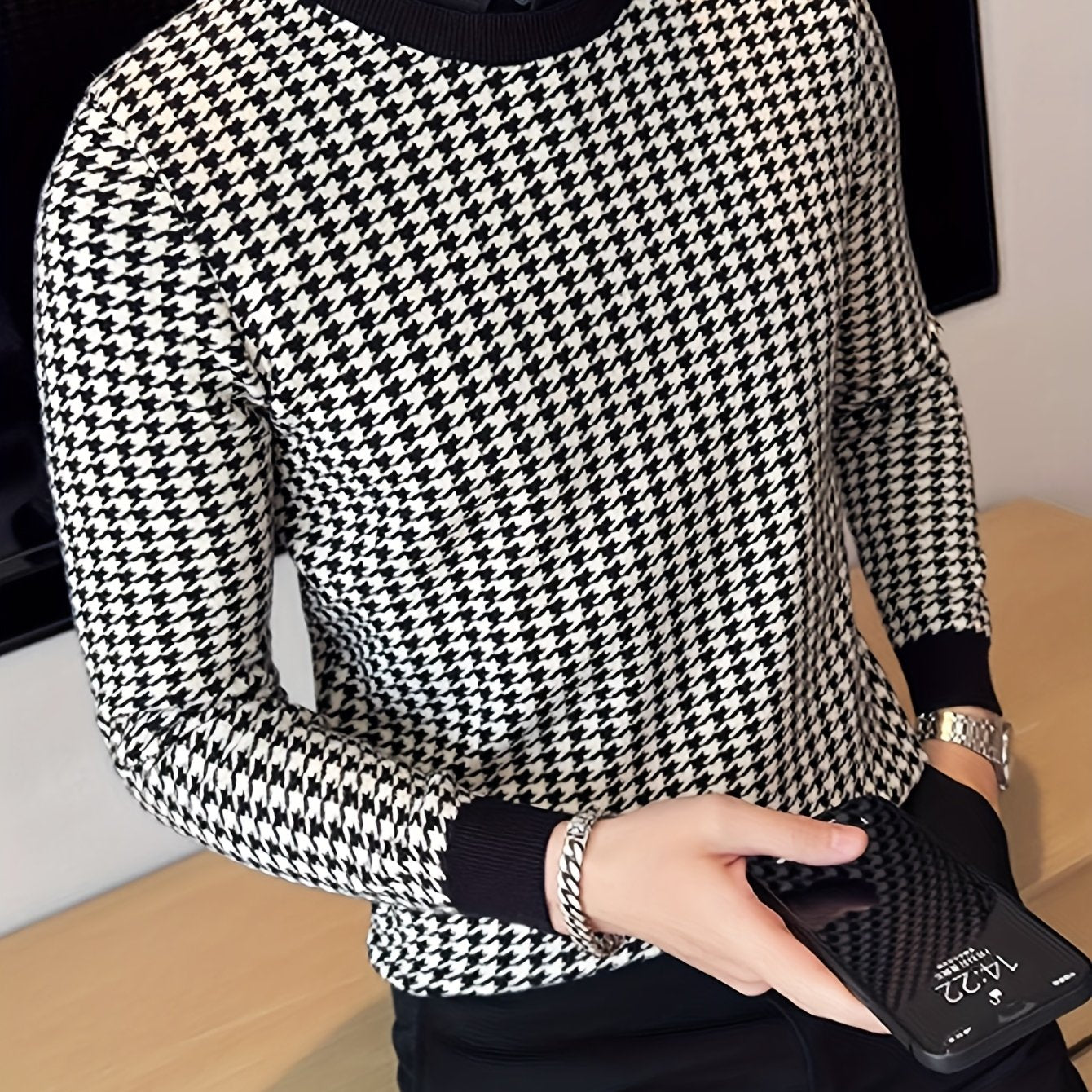 Նոր տղամարդու Houndstooth գունավոր խճճված սվիտեր, կլոր վզնոցով և երկար թևքերով ամենօրյա սվիտեր, տրիկոտաժե