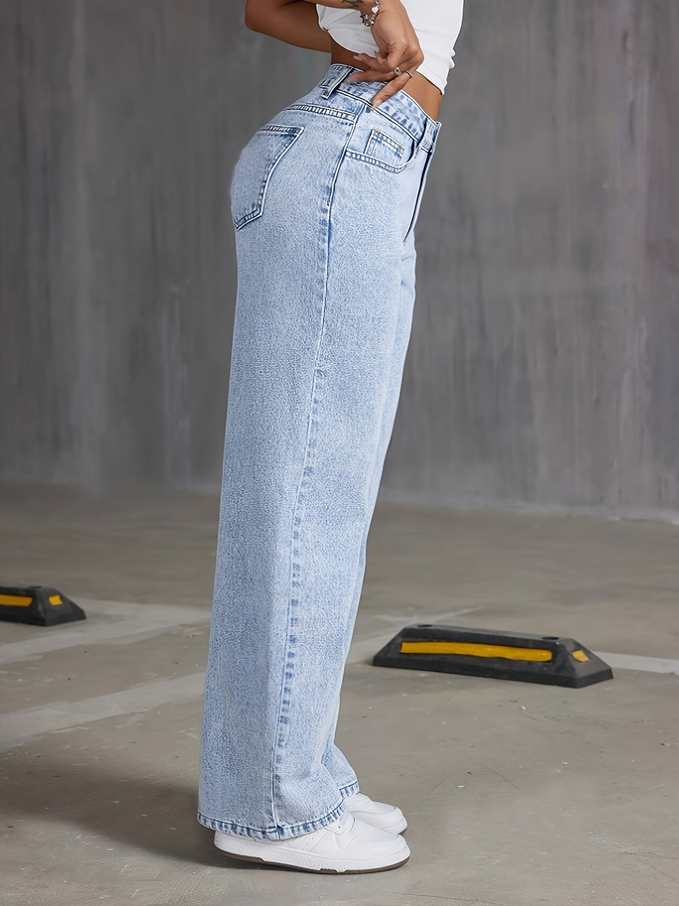 1pc Preppy Style Women'S High-Waisted Elastic Wide Leg Denim Jeans, Casual Boot Cut Solid Color Non-Stretch Fabric with Button Detail for All-Season Weekend Wear