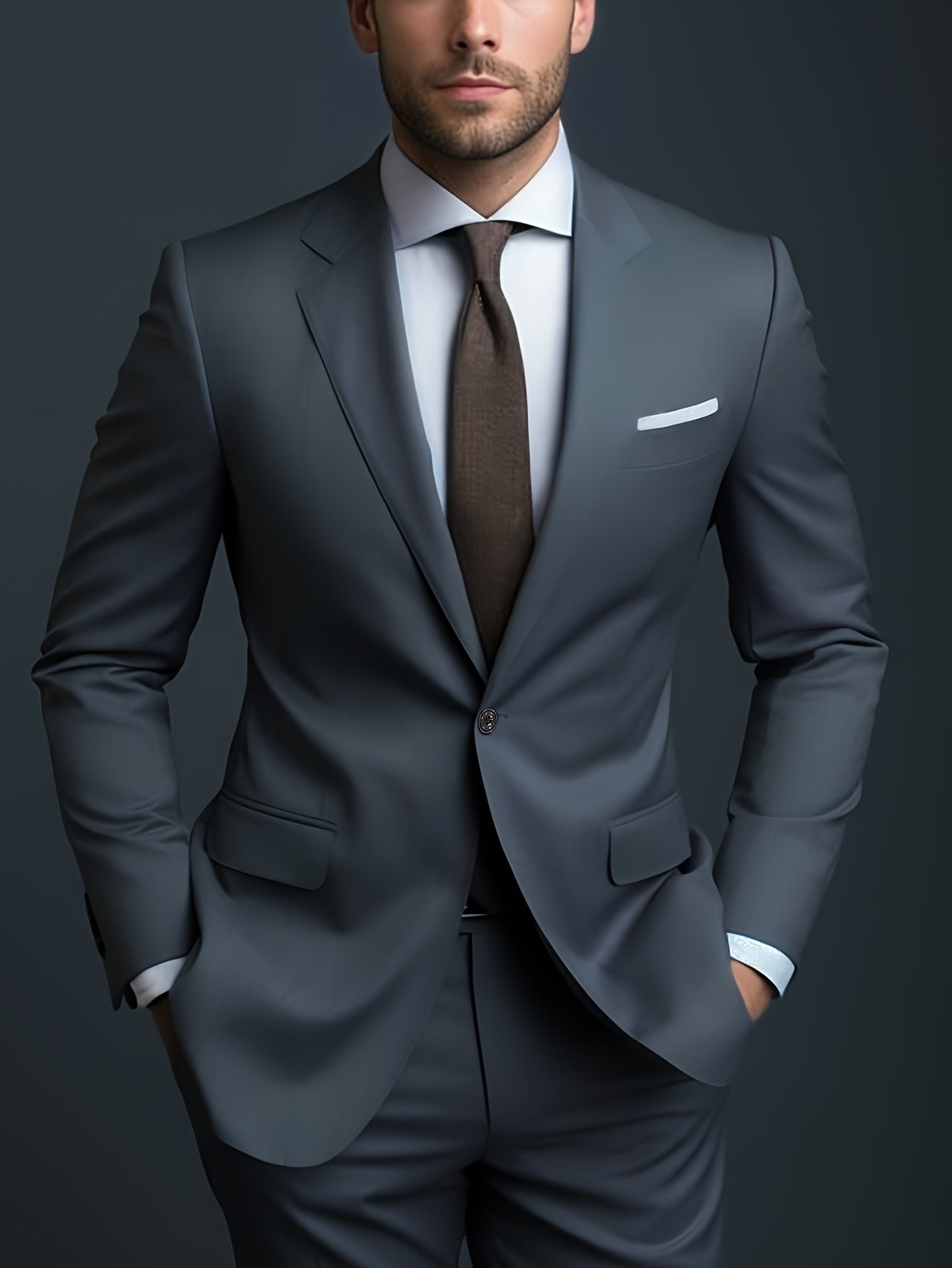 Men's Two-Piece Suit in Solid Color with Sealed Pockets, Regular Fit Suit Trousers, Elegant and Classic, Suitable for Business and Wedding Parties