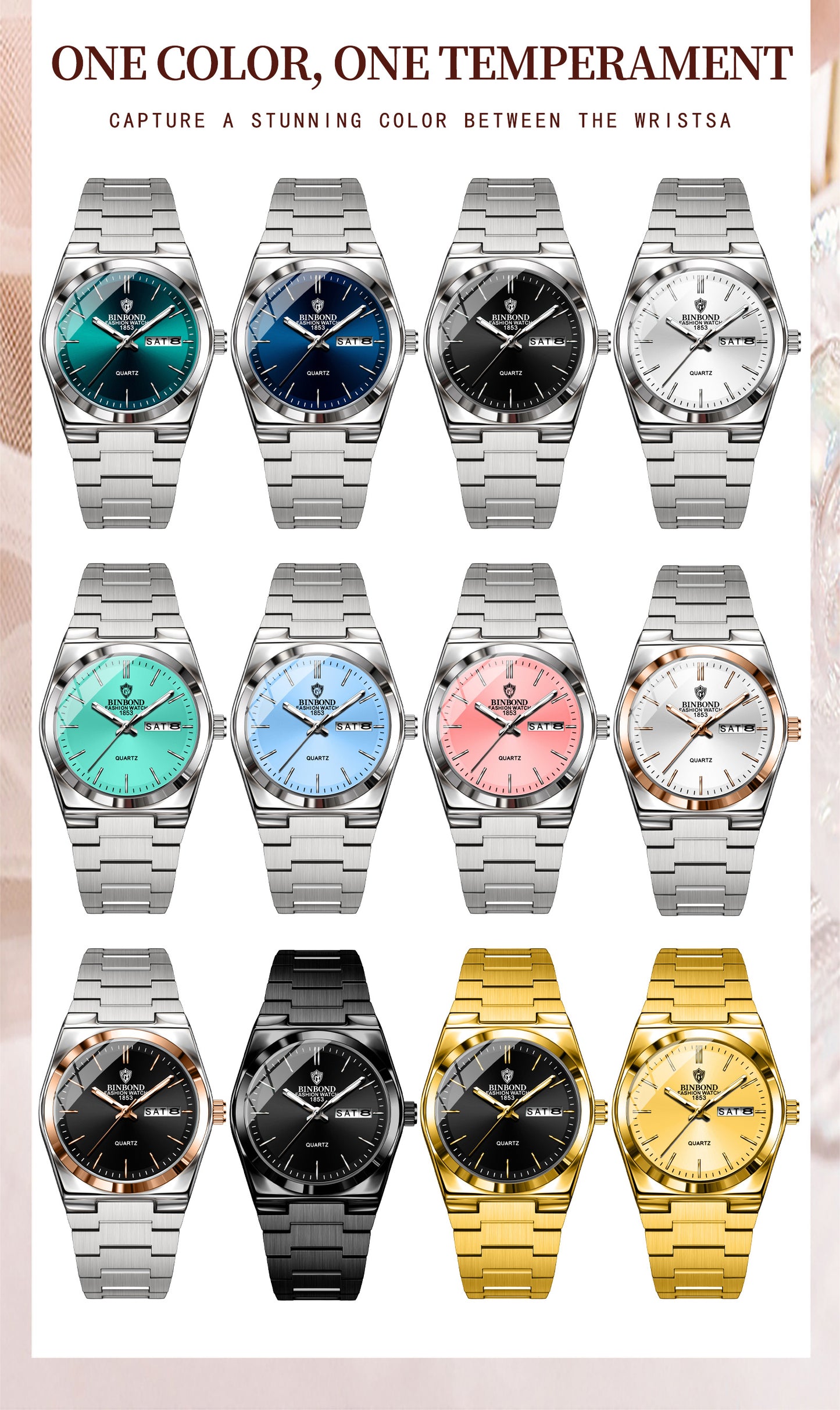 BINBOND Women'S Fashion Watch, Double Calendar, Quartz Movement, Stainless Steel Band, Round Case, Ideal for Daily Wear & Gifting, Stylish Accessory|Minimalist Design|Durable Watch
