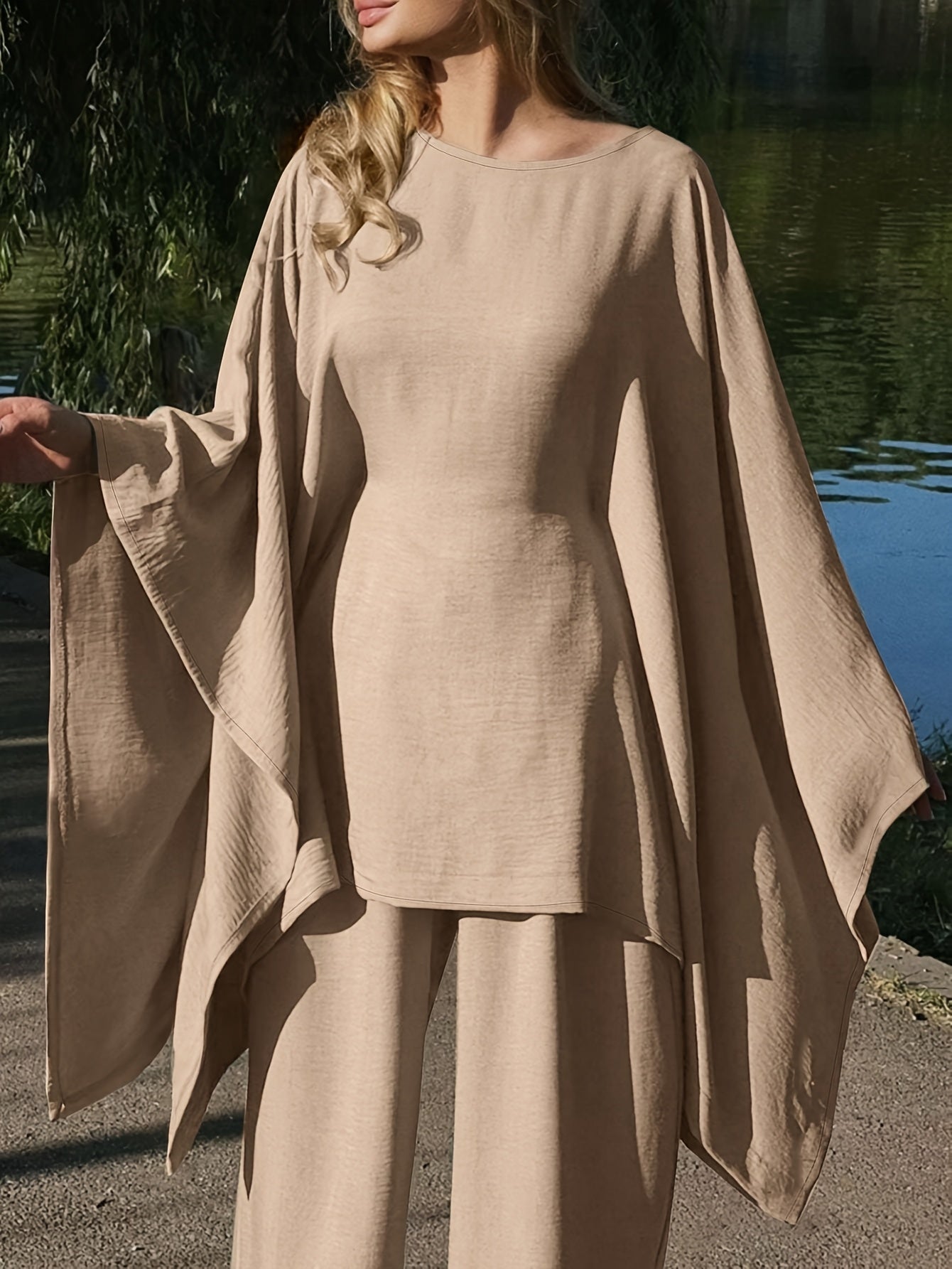 Women'S Holiday Casual Elegant Waist-Cinched Batwing Sleeve Loose Set - Solid Color, All-Season, Allseason Attire|Casual Elegance|Waist Cinching