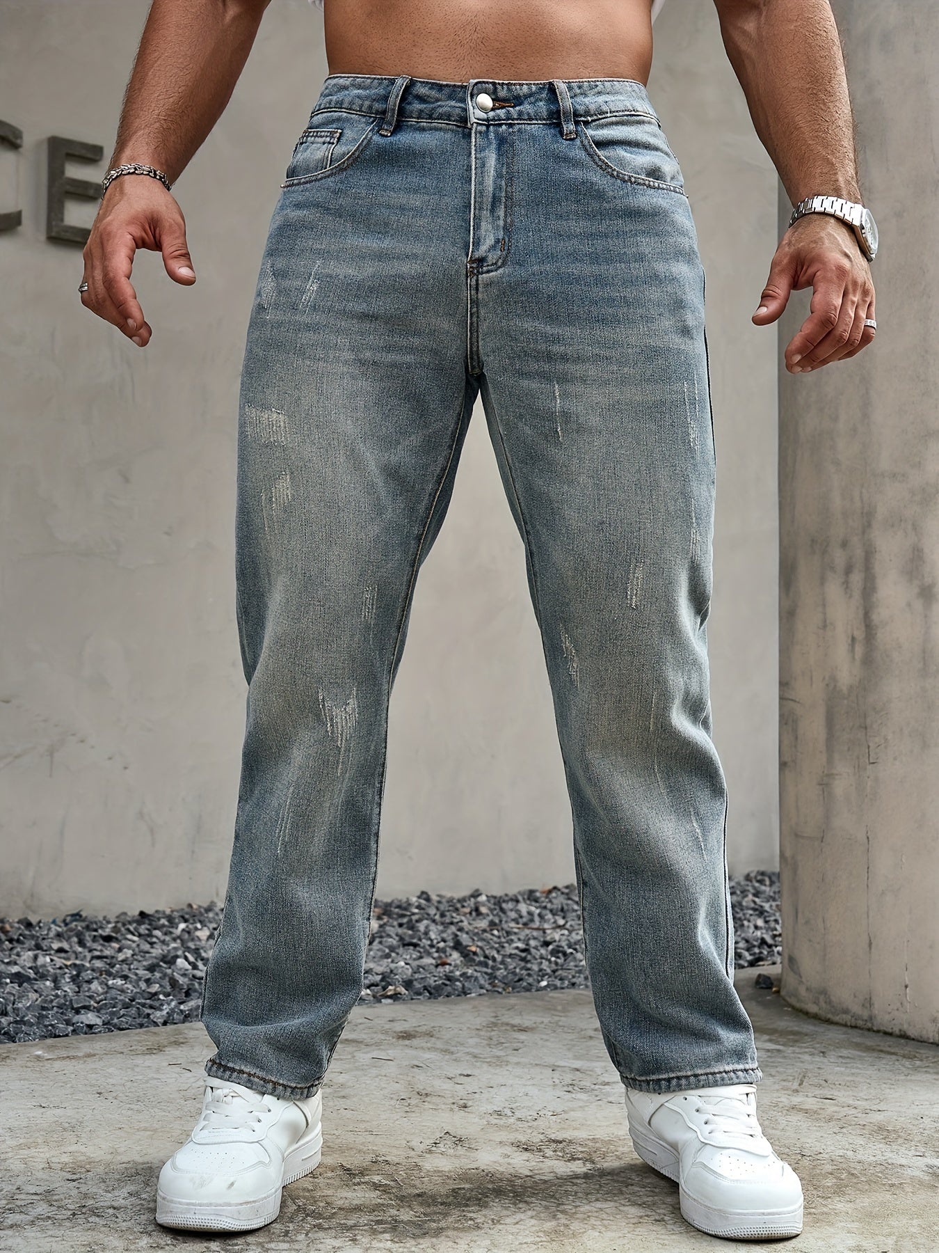 Men's Regular Fit Distressed Denim Jeans - Light Grey, Blend, Machine Washable, Year-Round Comfort & Style