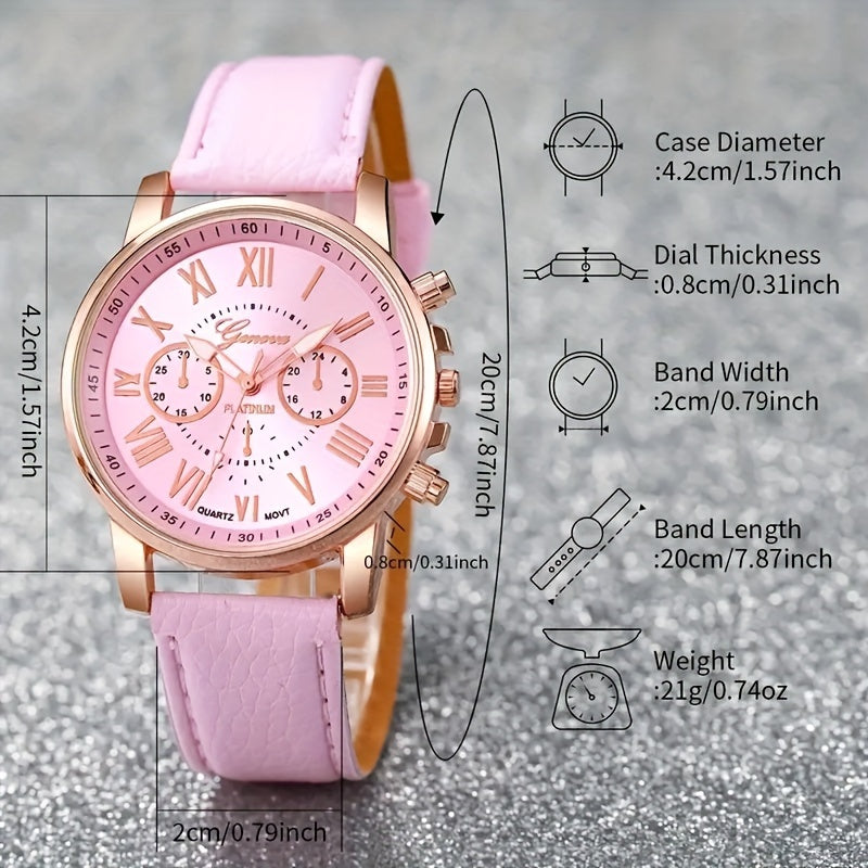 Chic 6pcs Quartz Watch Set with Faux Leather Straps & Heart Charm Bracelets - Perfect Gift for Valentine's, Easter, Birthdays & Christmas