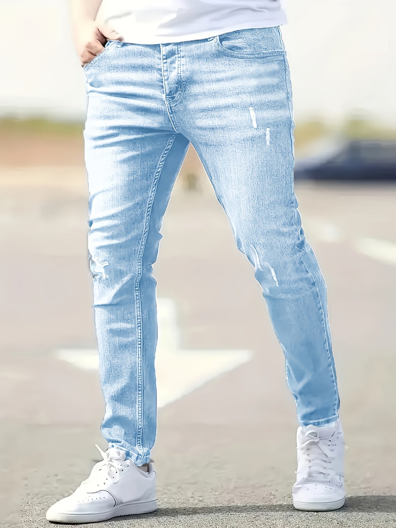 Men's Slim Fit Stretch Jeans - High Waist, Solid Color Casual Denim Pants with Ripped Detail, Machine Washable