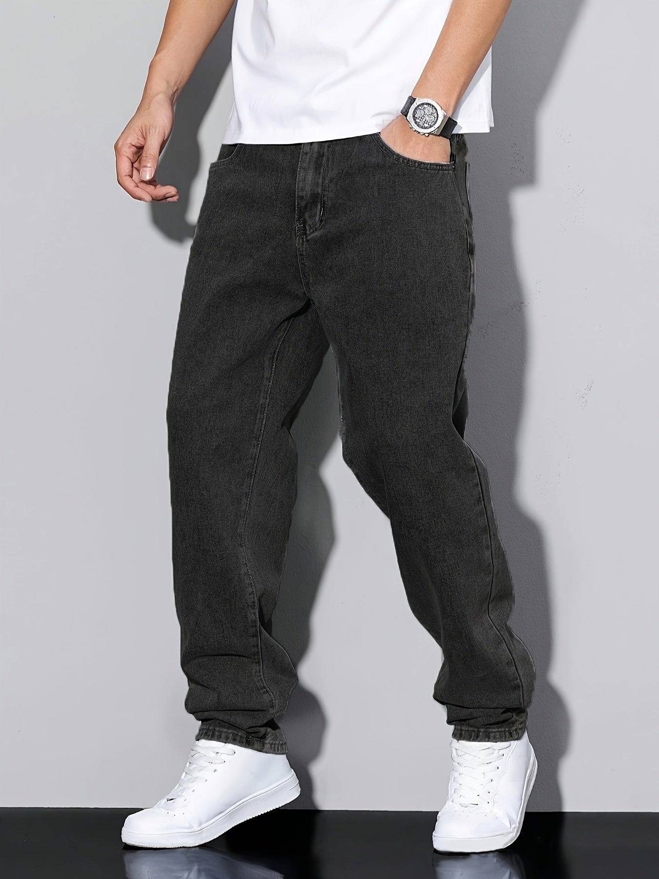 Men's Classic Straight Leg Denim Jeans - Loose Fit, Cotton Blend, Solid Color Black, Street Style, Comfortable & Versatile for All Seasons, Casual Streetwear|Street Style Pants|Nonstretch Fabric