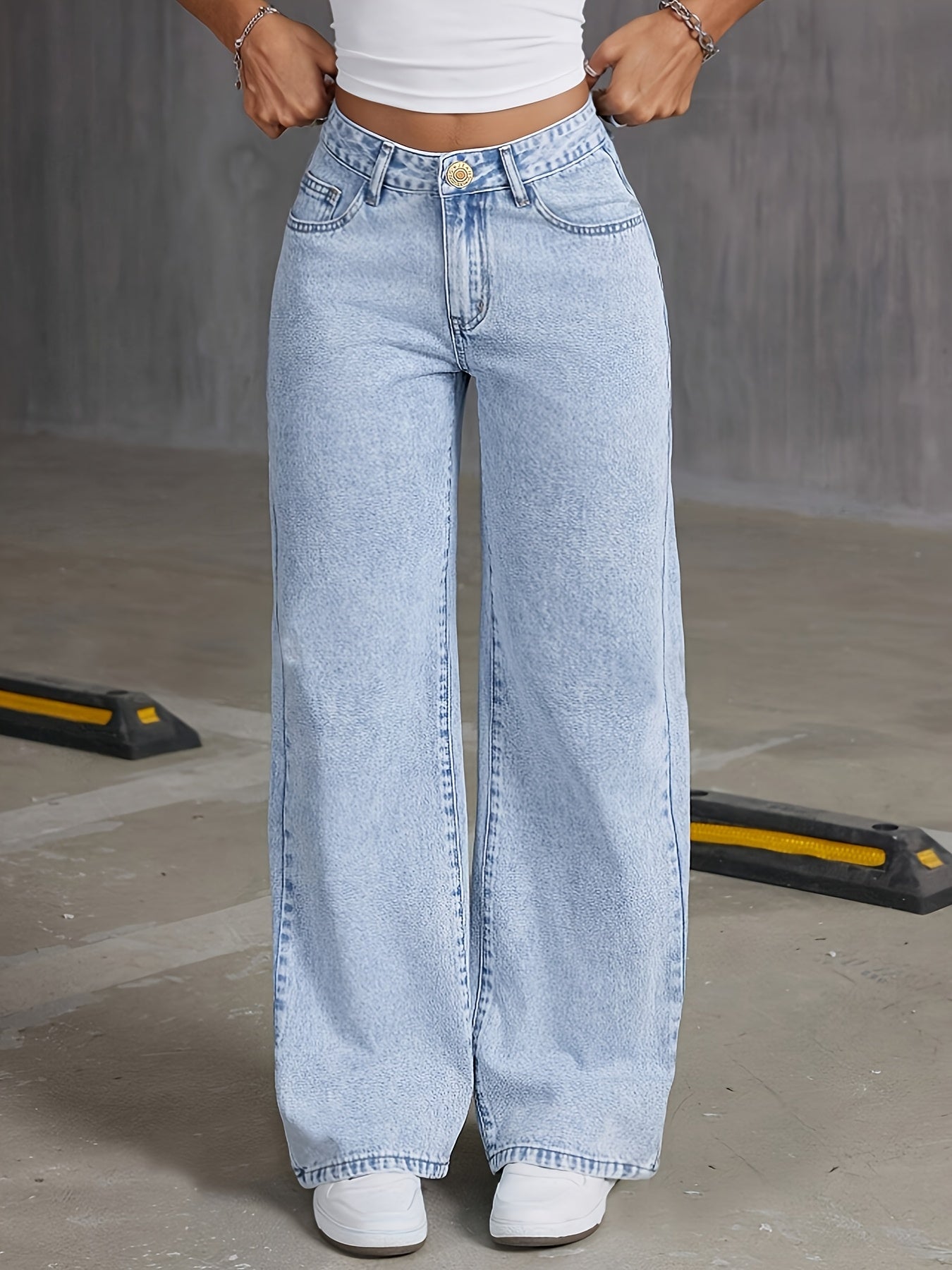 1pc Preppy Style Women'S High-Waisted Elastic Wide Leg Denim Jeans, Casual Boot Cut Solid Color Non-Stretch Fabric with Button Detail for All-Season Weekend Wear