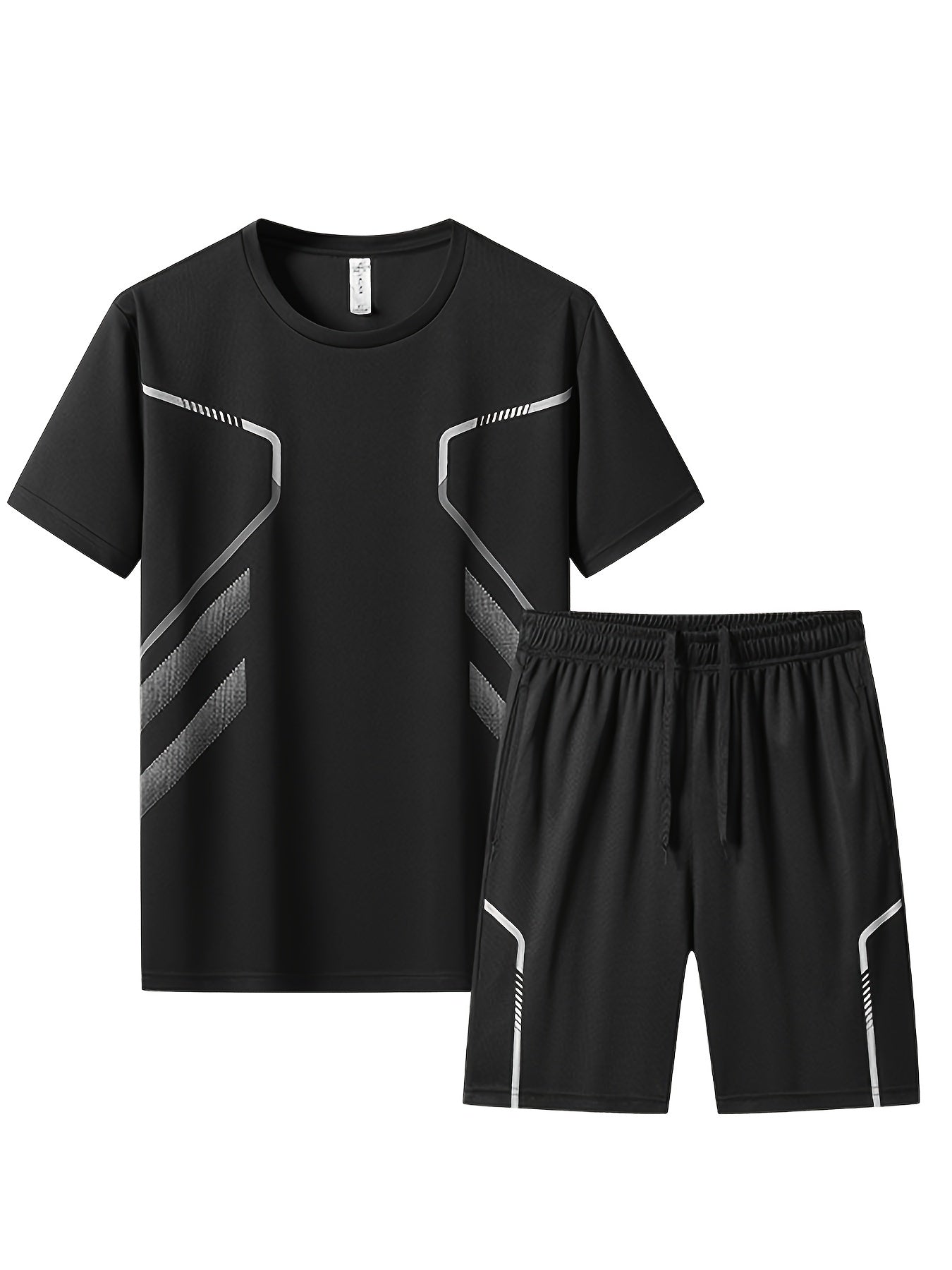 2pcs Men's Summer Sportswear Set - Comfortable Polyester Crew Neck T-Shirt & Black Drawstring Shorts with Side Stripe, Casual Style, Easy Care, Athletic Shorts