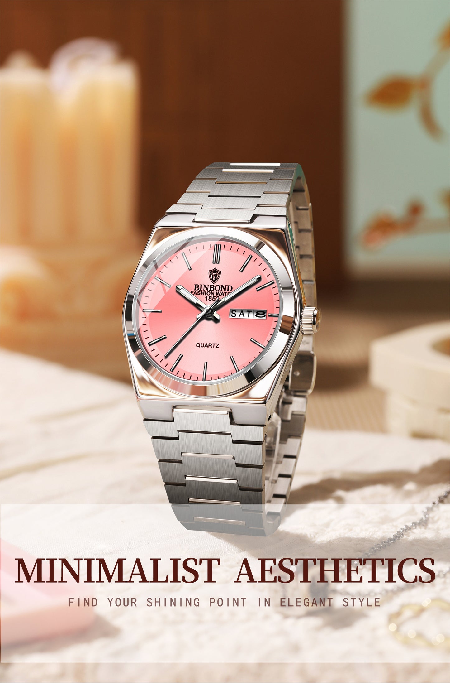 BINBOND Women'S Fashion Watch, Double Calendar, Quartz Movement, Stainless Steel Band, Round Case, Ideal for Daily Wear & Gifting, Stylish Accessory|Minimalist Design|Durable Watch