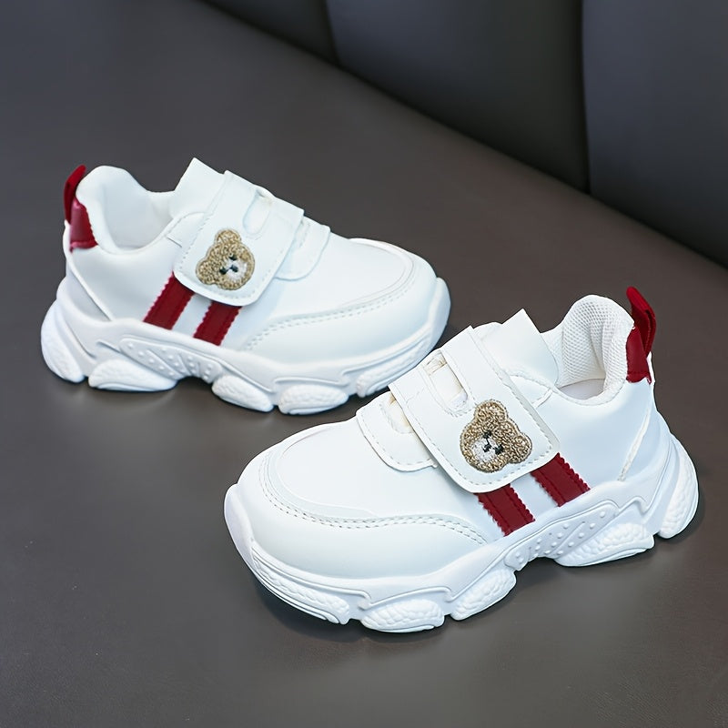 Girls' White Sneakers - Cute Cartoon Bear Design, Casual Low-Top Style with Hook-and-Loop Fastener, Comfortable Microfiber Synthetic Upper, All-Season Wear for Youngsters, Everyday Youngsters's Shoes | Playful Youngsters Snea