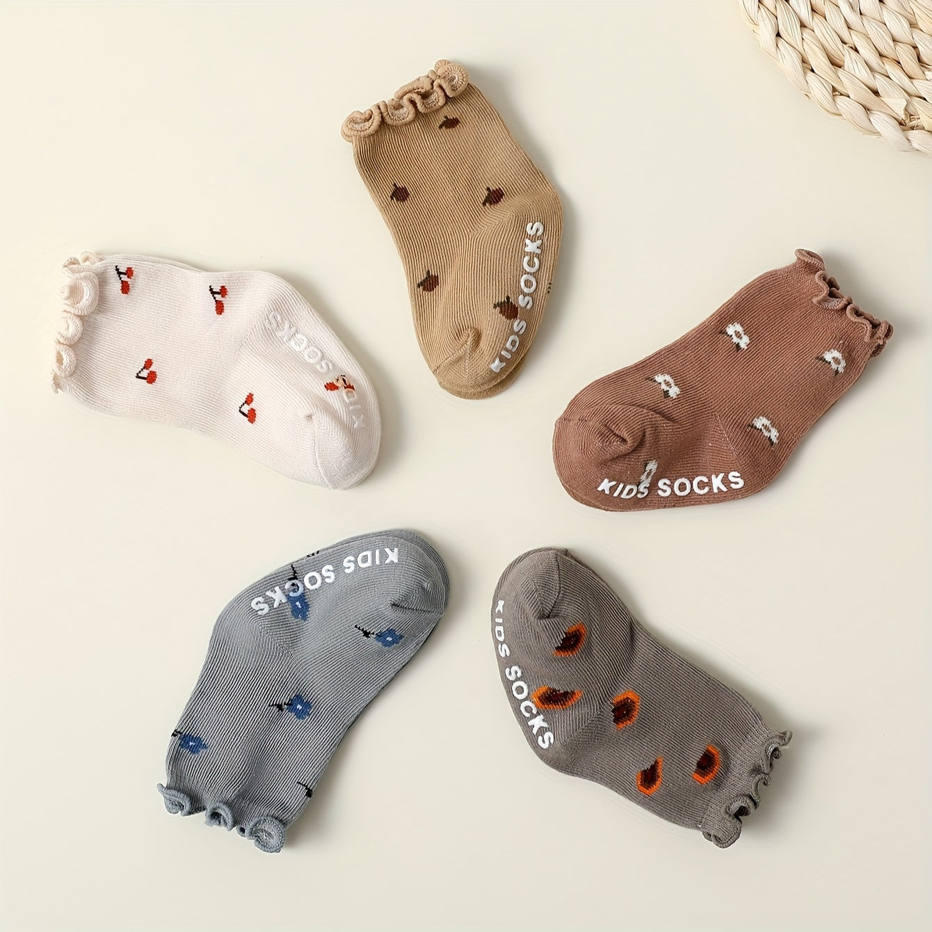 5 Pairs of Baby Girls Solid Color Four Seasons Jacquard Short Socks with Wooden Ears And Glue for Anti-Slip