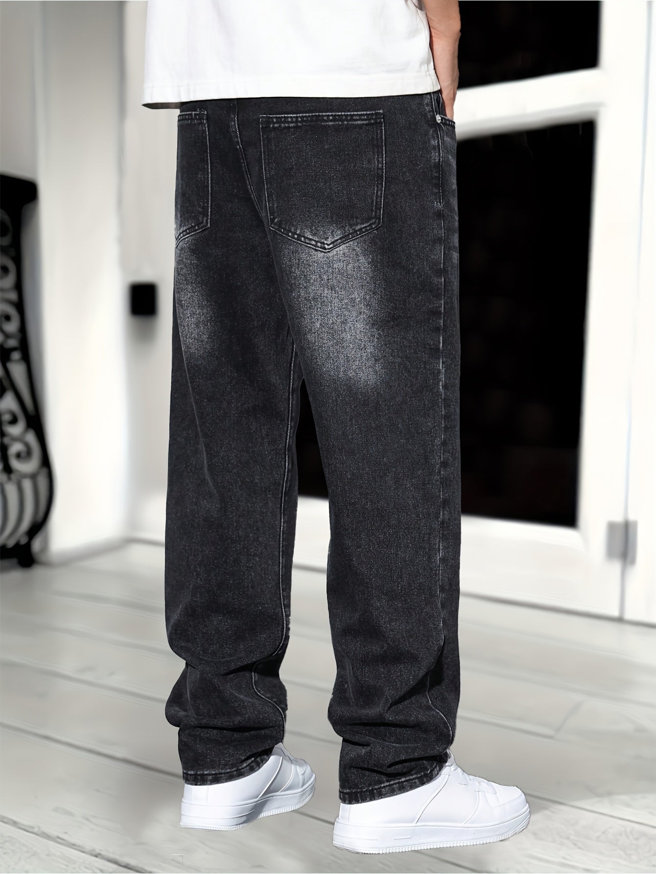 1pc Men'S Classic Solid Color Washed Denim Jeans, Non-Stretch Regular Fit Work Style, All-Season Woven Fabric, Regular Length - Adult Casual Pants