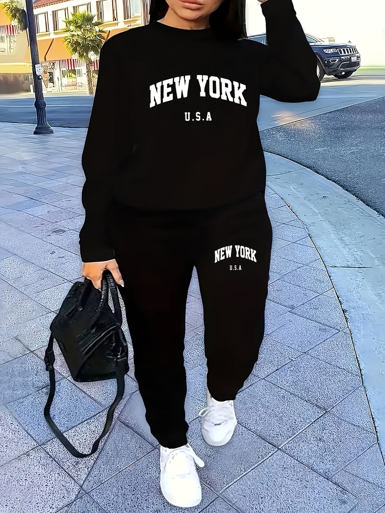 FLS1021WN10 Hoodie with Fleece, European And American Women'S Autumn And Winter Fashion, Printed Casual Sports Two-Piece Set.