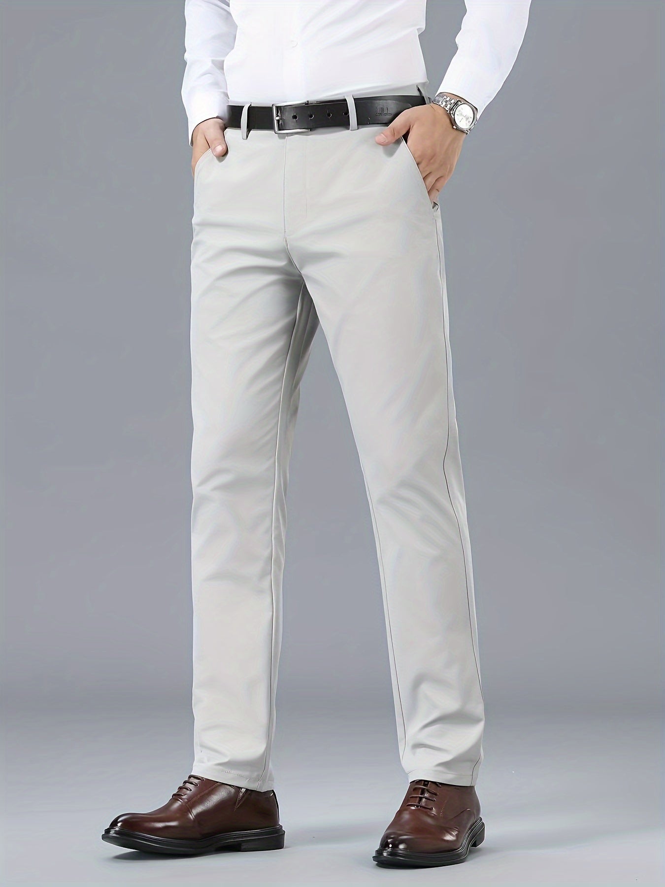 Men's Classic Business Casual Pants - Polyester, Solid Color, Regular Fit for All Seasons